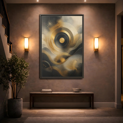 Mockup 2. Abstract Abstract Waves Gold And Black shown as stretched canvas wall art
