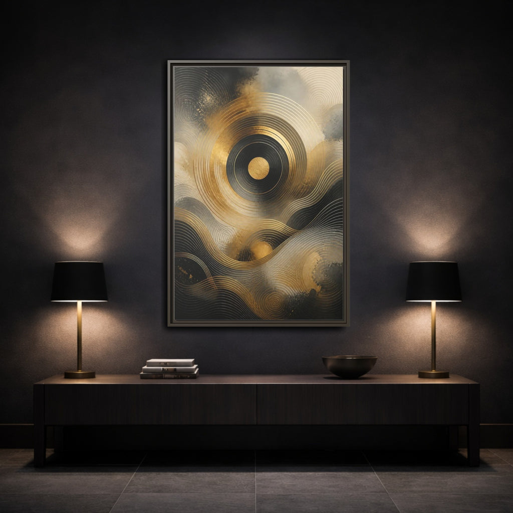 Mockup 3. Abstract Abstract Waves Gold And Black shown as stretched canvas wall art