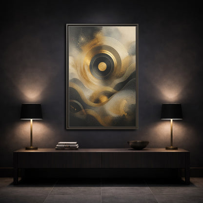 Mockup 3. Abstract Abstract Waves Gold And Black shown as stretched canvas wall art