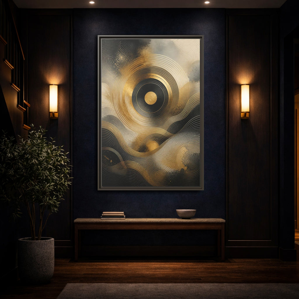 Mockup 4. Abstract Abstract Waves Gold And Black shown as stretched canvas wall art