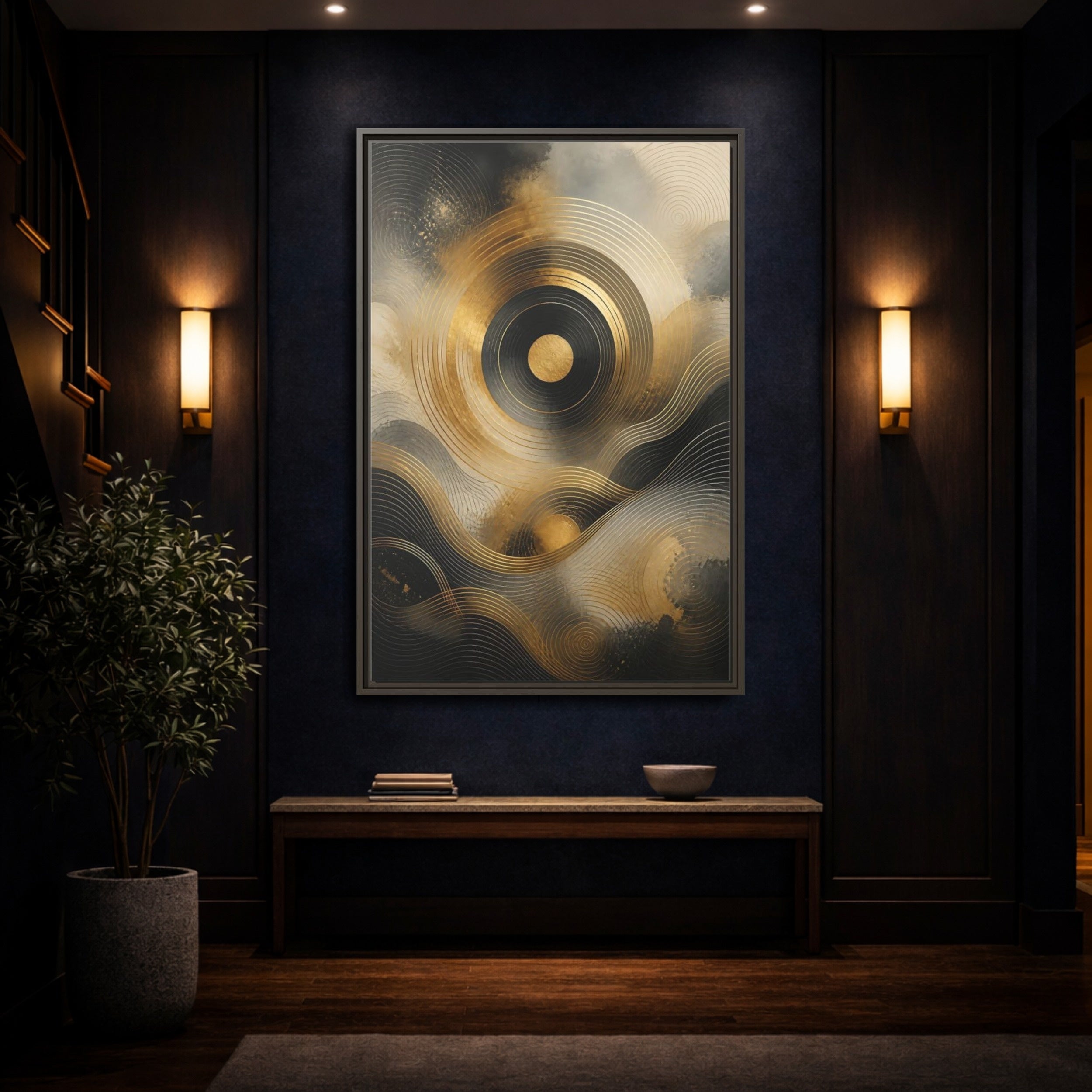 Mockup 4. Abstract Abstract Waves Gold And Black shown as stretched canvas wall art