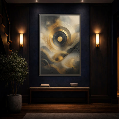 Mockup 4. Abstract Abstract Waves Gold And Black shown as stretched canvas wall art