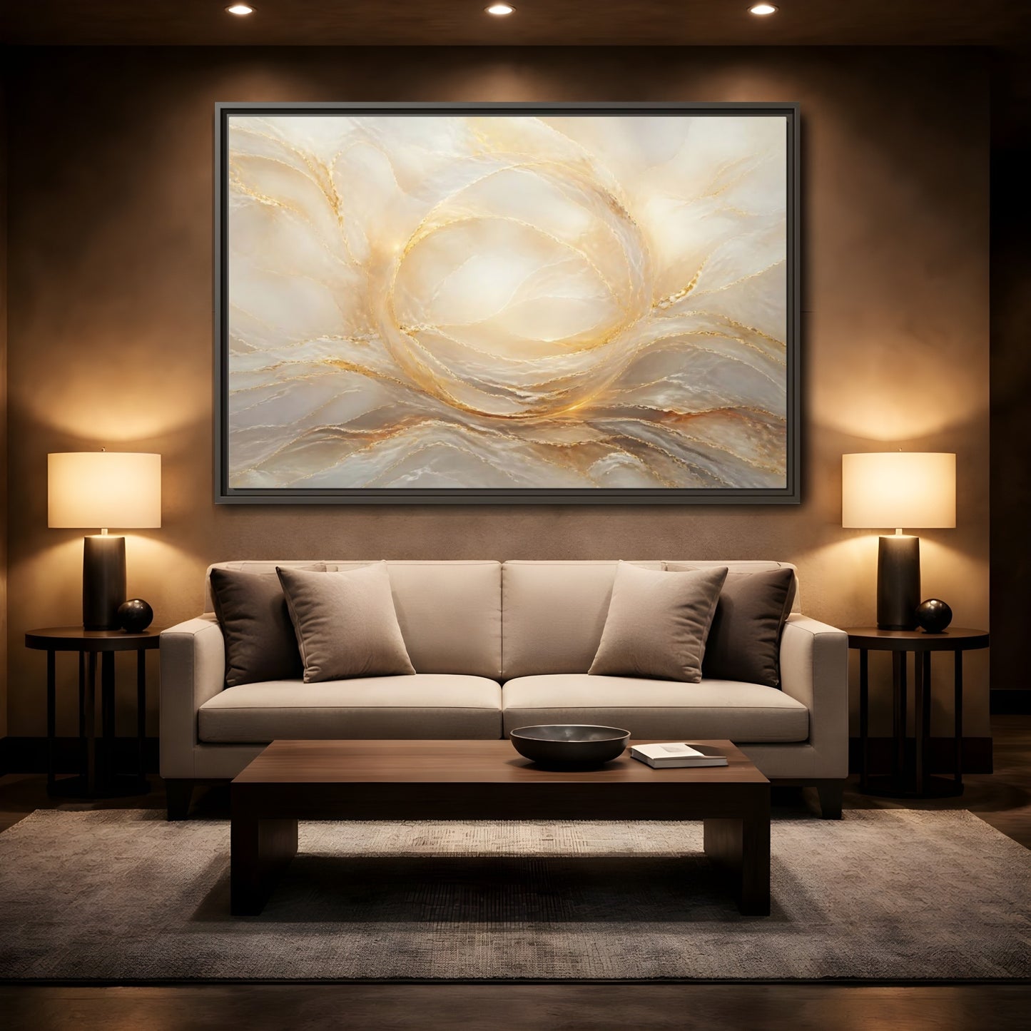 Mockup 2. Abstract Abstract Waves Gold And Cream shown as stretched canvas wall art