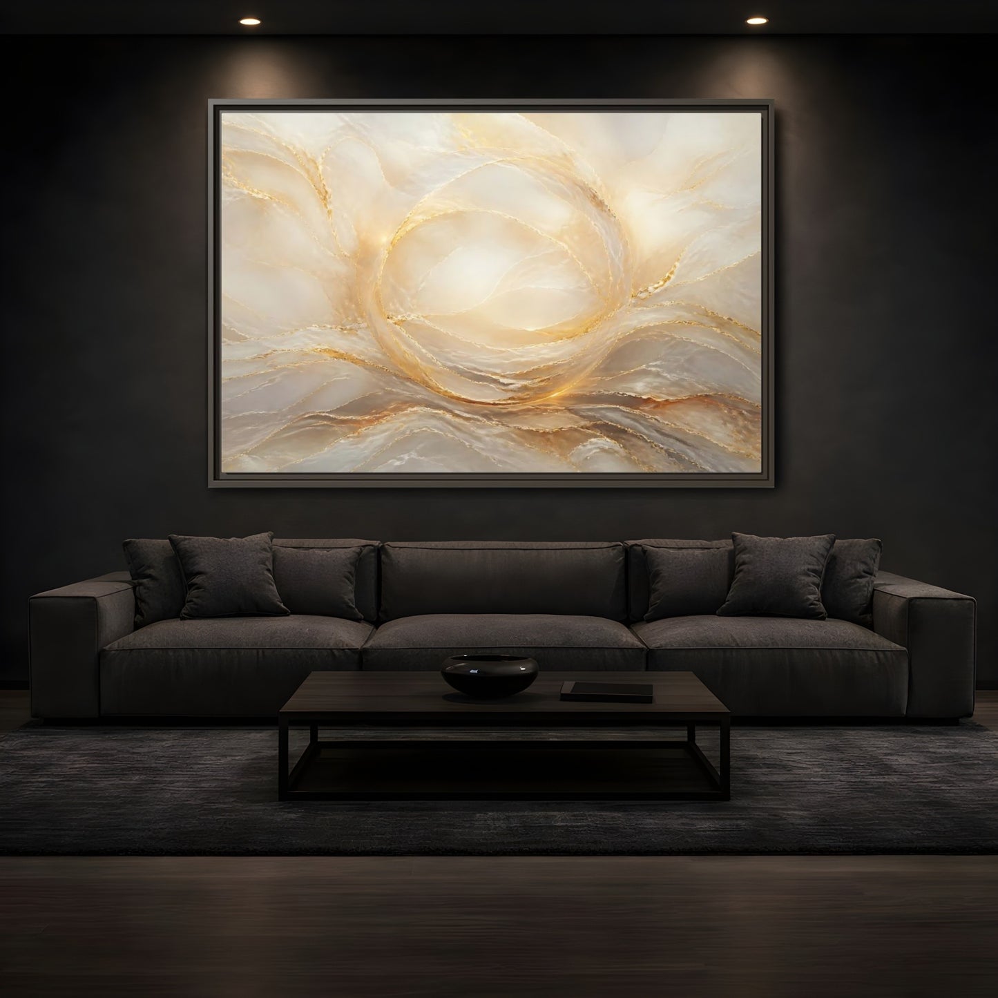 Mockup 3. Abstract Abstract Waves Gold And Cream shown as stretched canvas wall art