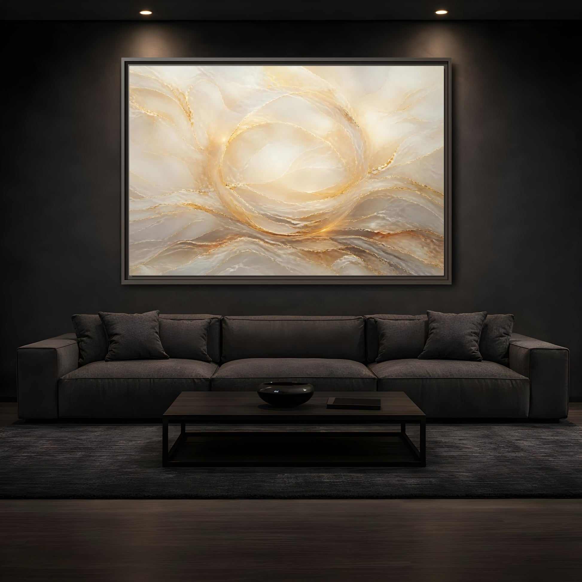 Mockup 3. Abstract Abstract Waves Gold And Cream shown as stretched canvas wall art
