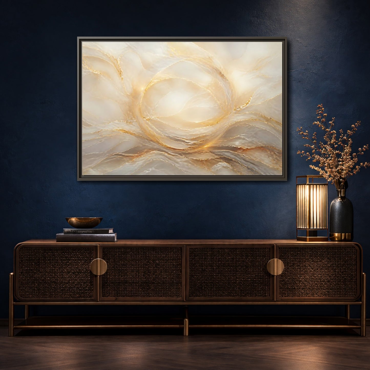 Mockup 4. Abstract Abstract Waves Gold And Cream shown as stretched canvas wall art