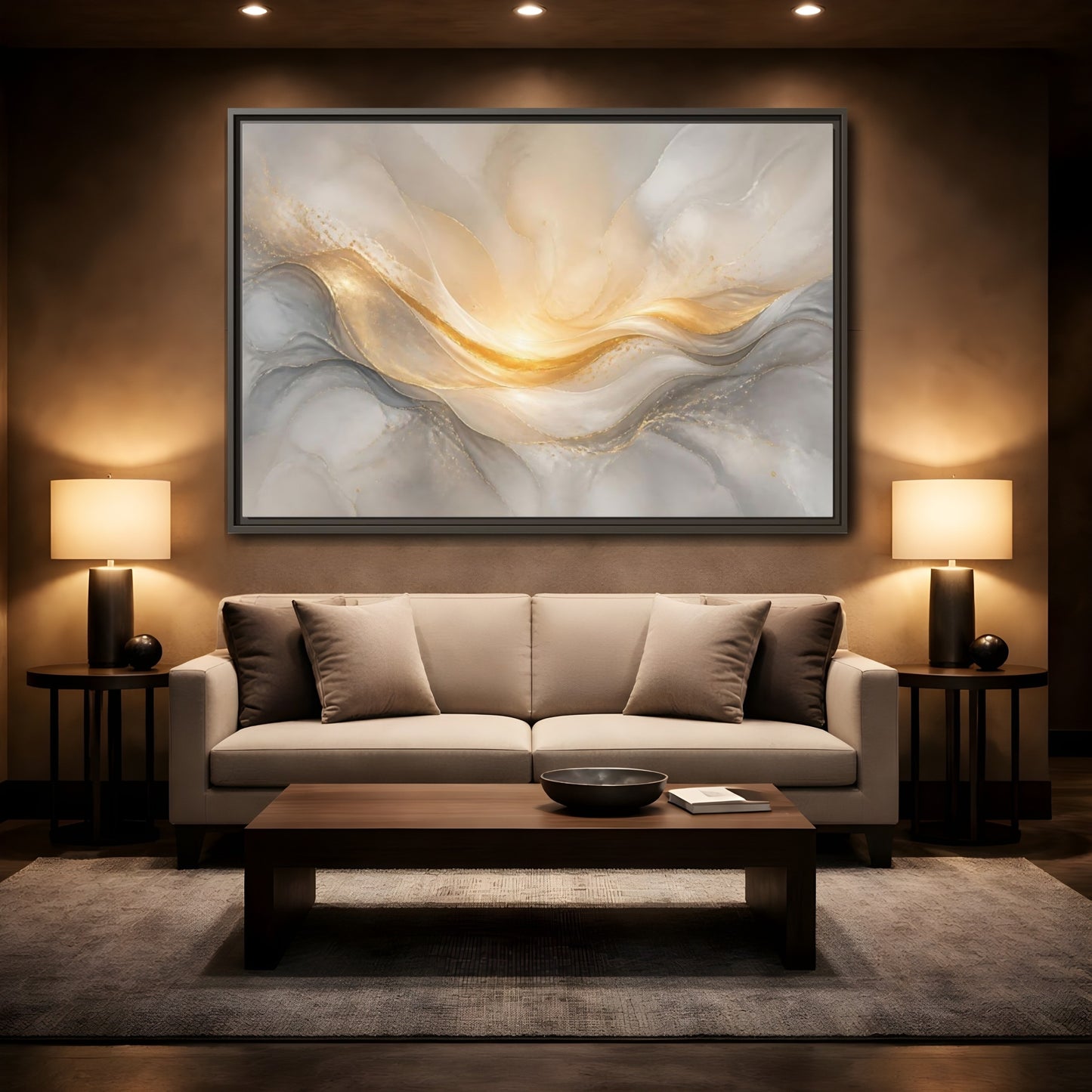 Mockup 2. Abstract Abstract Waves Gold And Gray shown as stretched canvas wall art