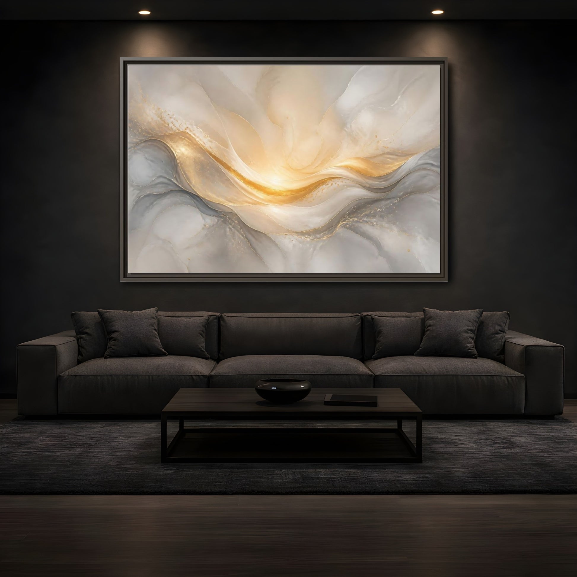 Mockup 3. Abstract Abstract Waves Gold And Gray shown as stretched canvas wall art