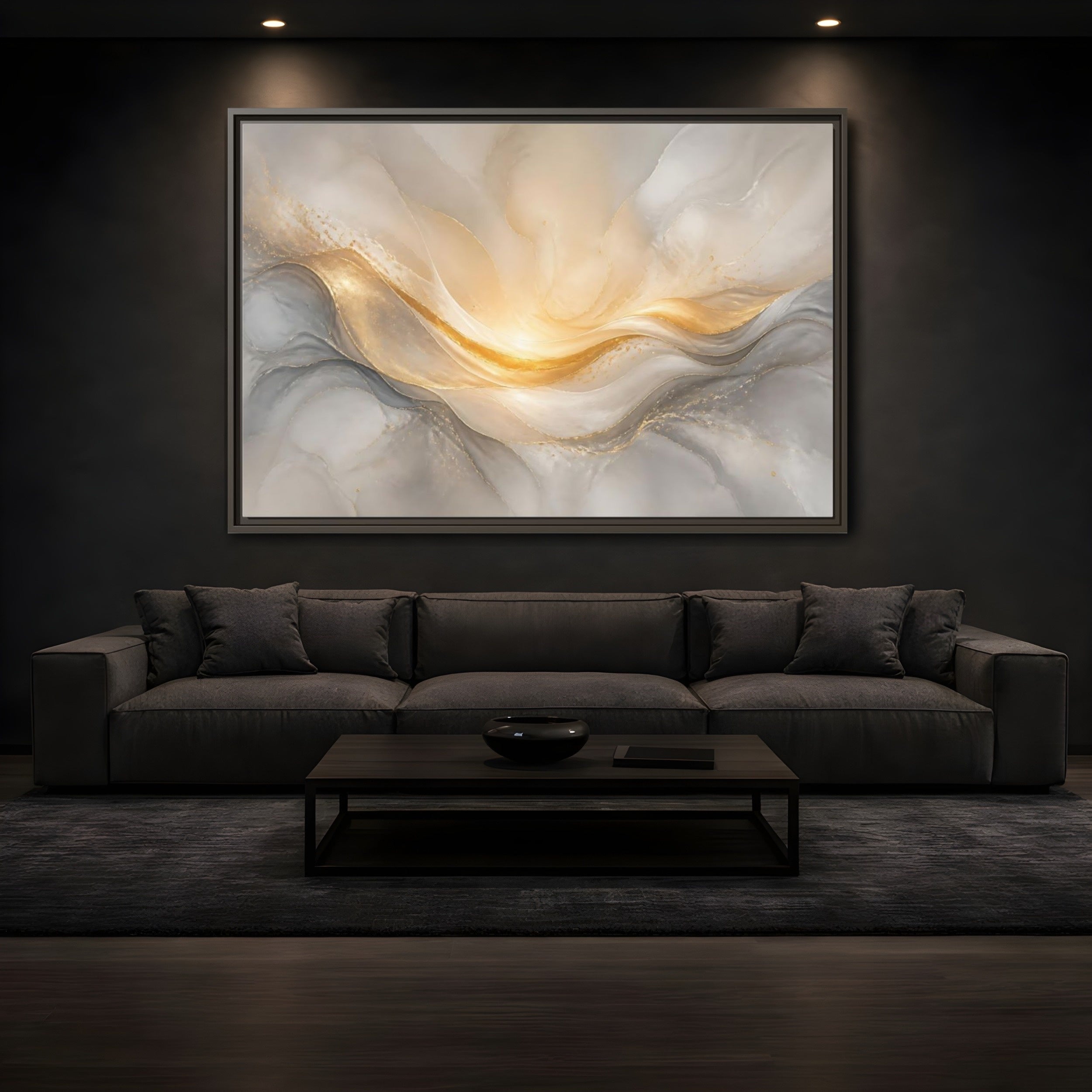 Mockup 3. Abstract Abstract Waves Gold And Gray shown as stretched canvas wall art