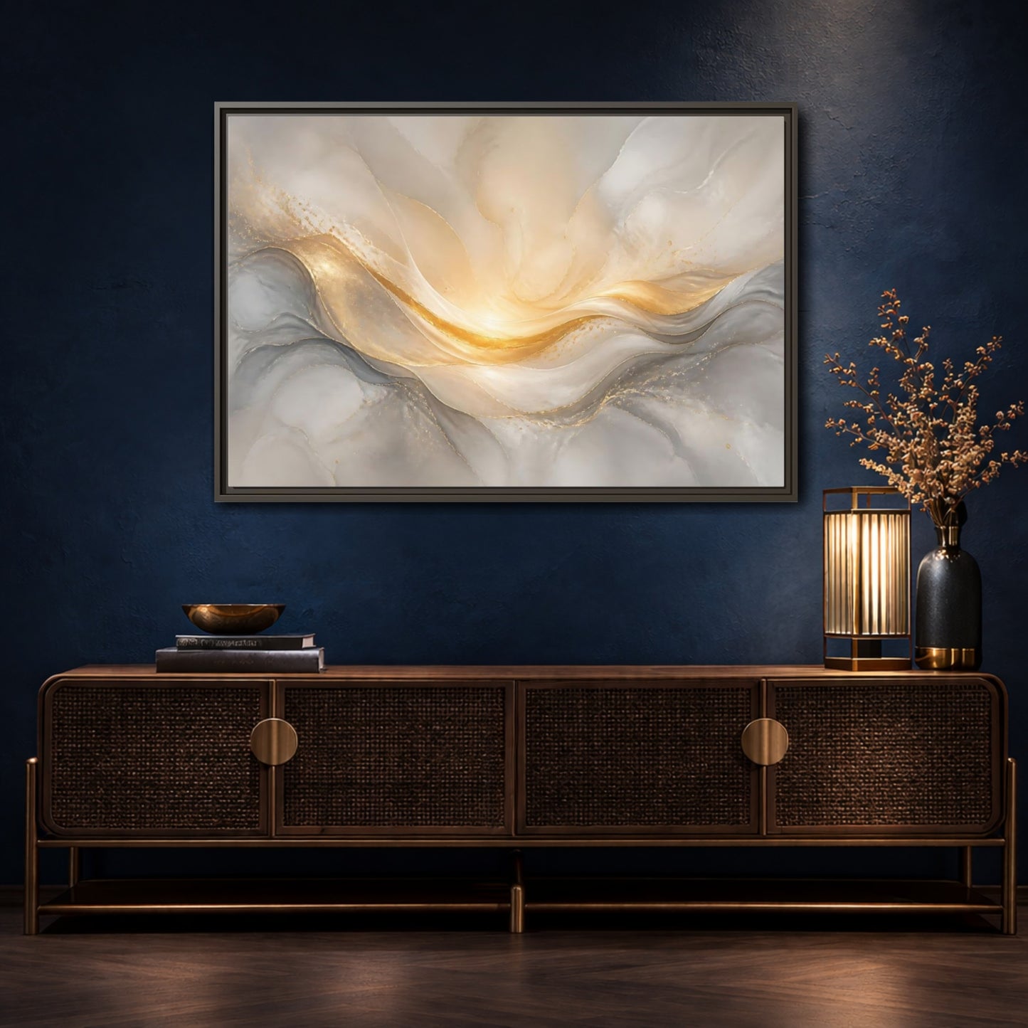 Mockup 4. Abstract Abstract Waves Gold And Gray shown as stretched canvas wall art
