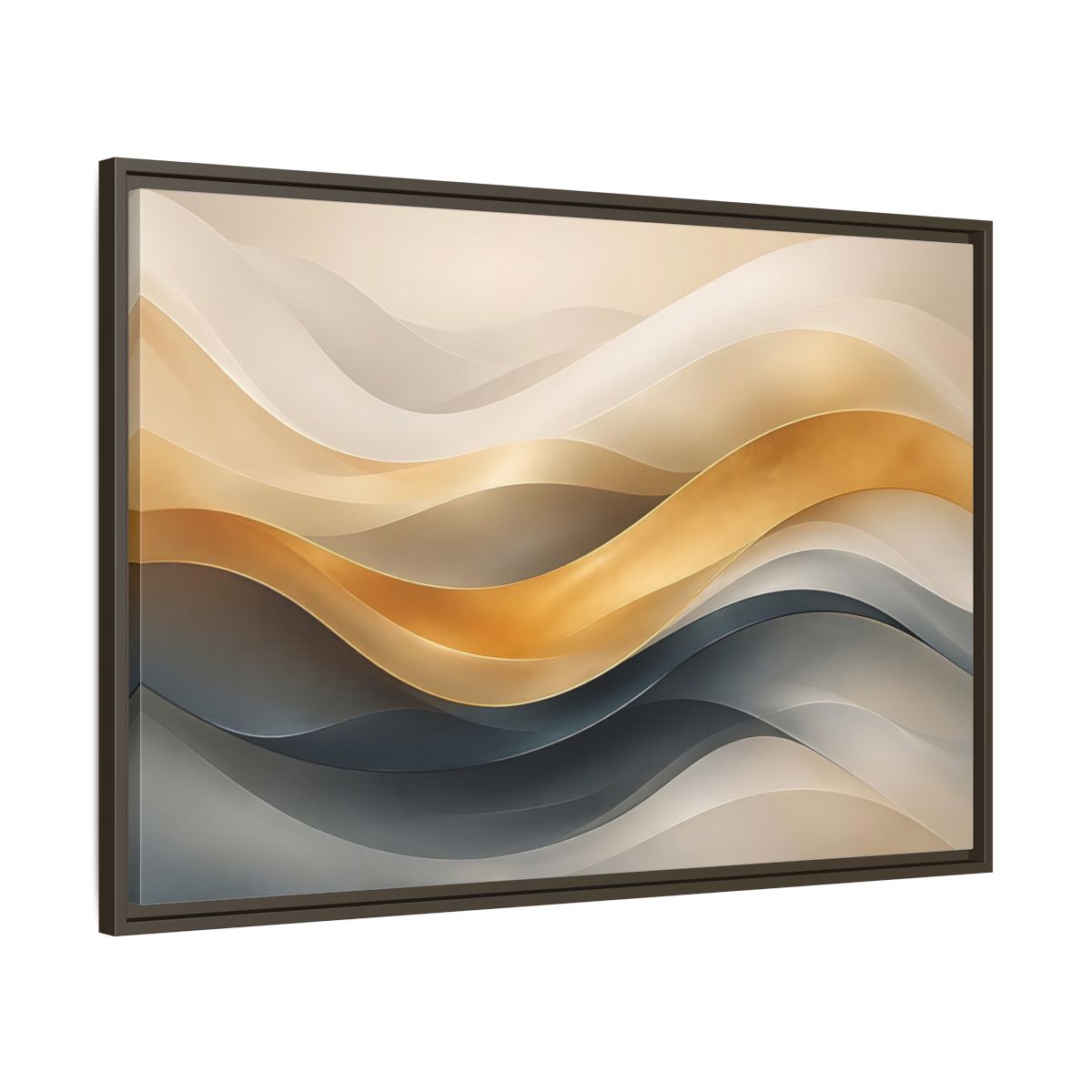 Main Mockup. Abstract Abstract Waves Gold And Gray Waves shown as stretched canvas wall art