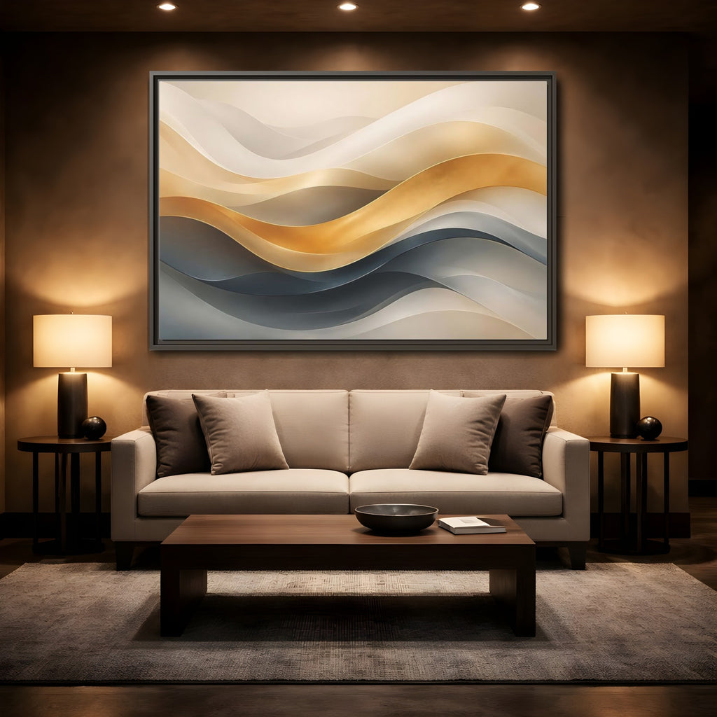 Mockup 2. Abstract Abstract Waves Gold And Gray Waves shown as stretched canvas wall art