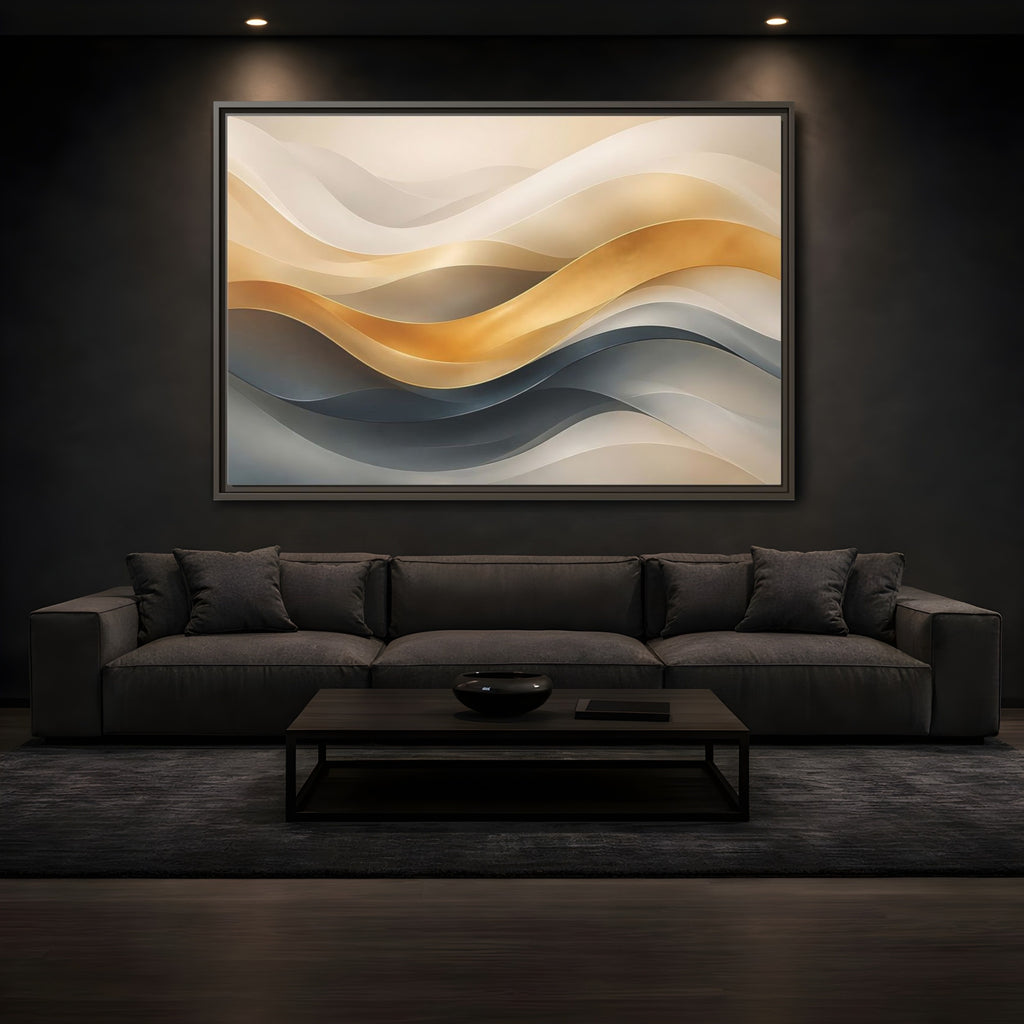 Mockup 3. Abstract Abstract Waves Gold And Gray Waves shown as stretched canvas wall art