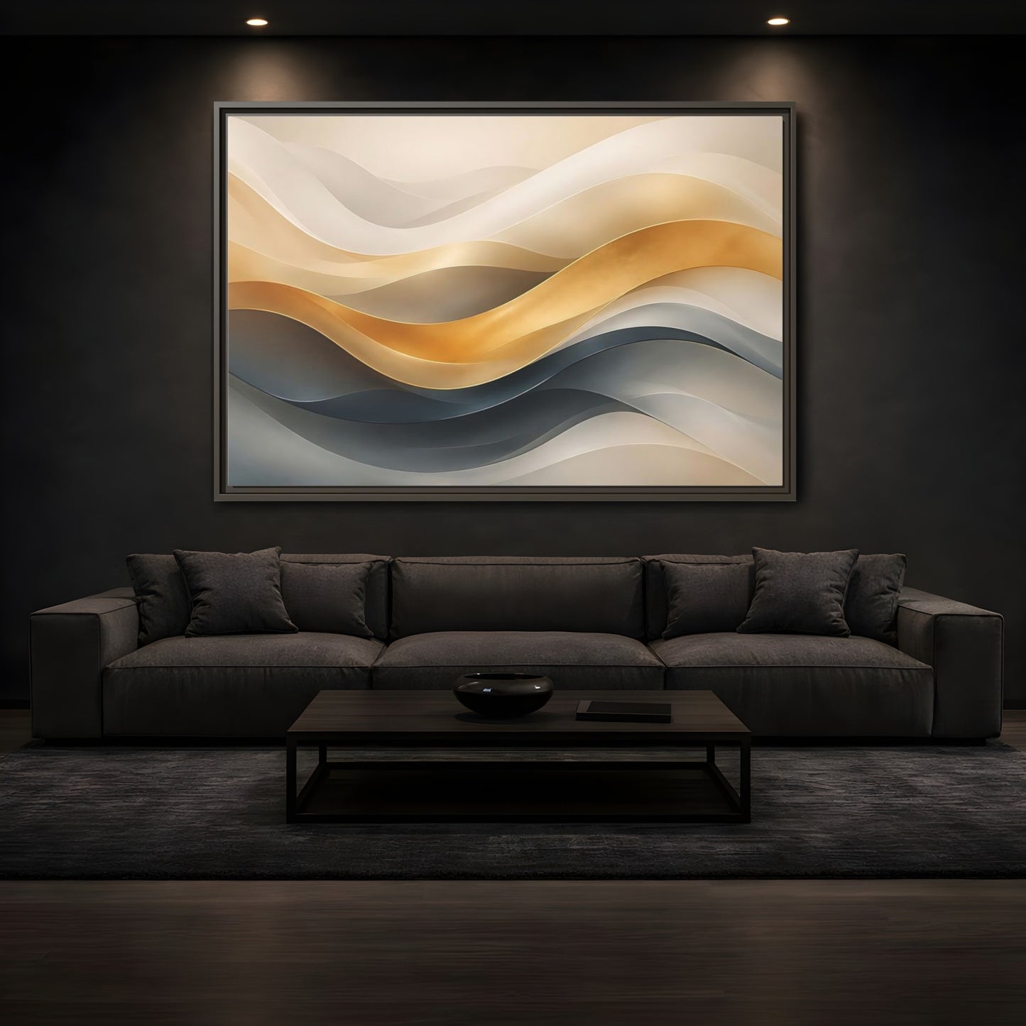 Mockup 3. Abstract Abstract Waves Gold And Gray Waves shown as stretched canvas wall art