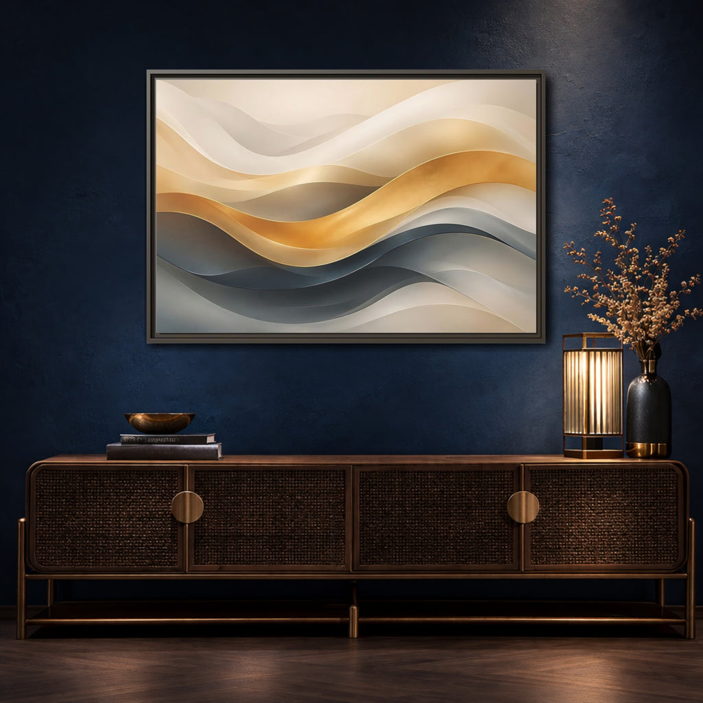 Mockup 4. Abstract Abstract Waves Gold And Gray Waves shown as stretched canvas wall art