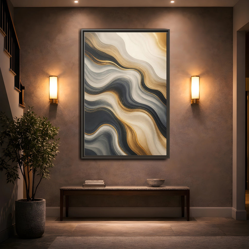 Mockup 2. Abstract Abstract Waves Gold Marble Waves shown as stretched canvas wall art