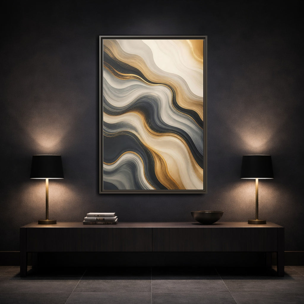 Mockup 3. Abstract Abstract Waves Gold Marble Waves shown as stretched canvas wall art