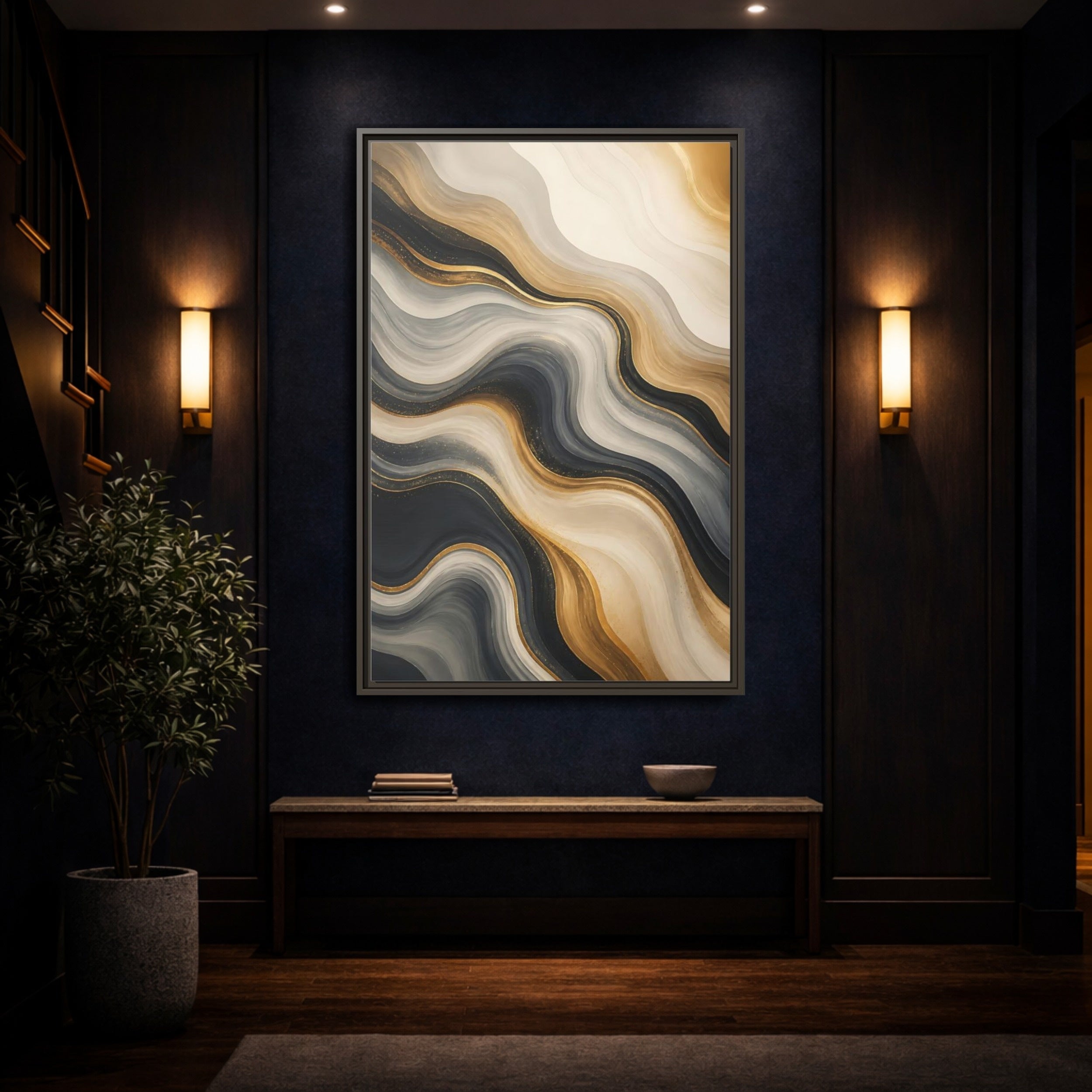 Mockup 4. Abstract Abstract Waves Gold Marble Waves shown as stretched canvas wall art