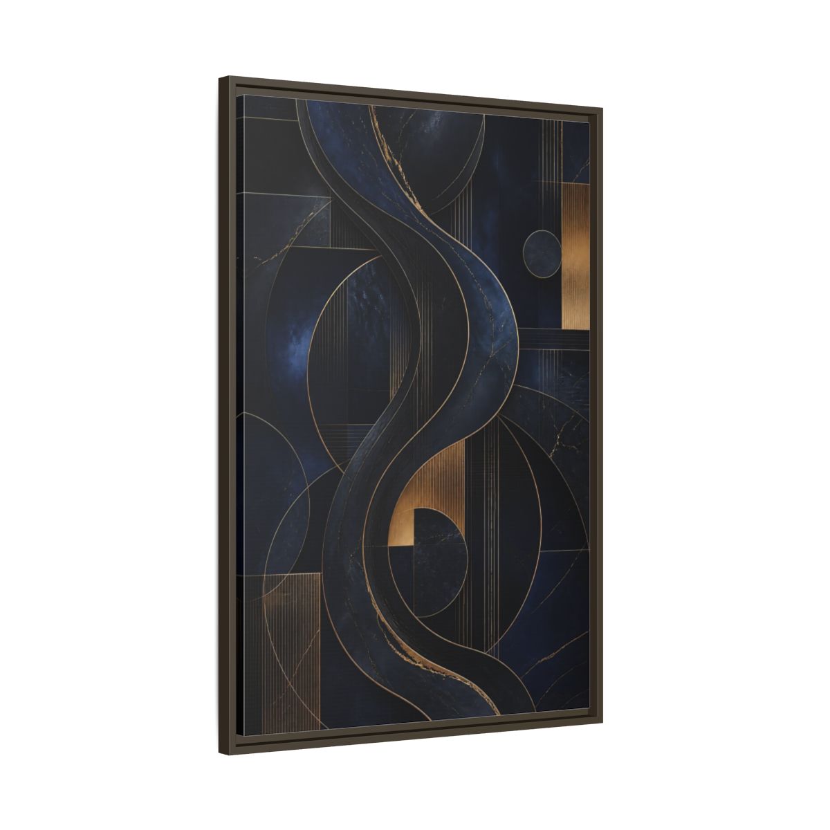 Main Mockup. Abstract Abstract Waves Navy Gold Abstract shown as stretched canvas wall art