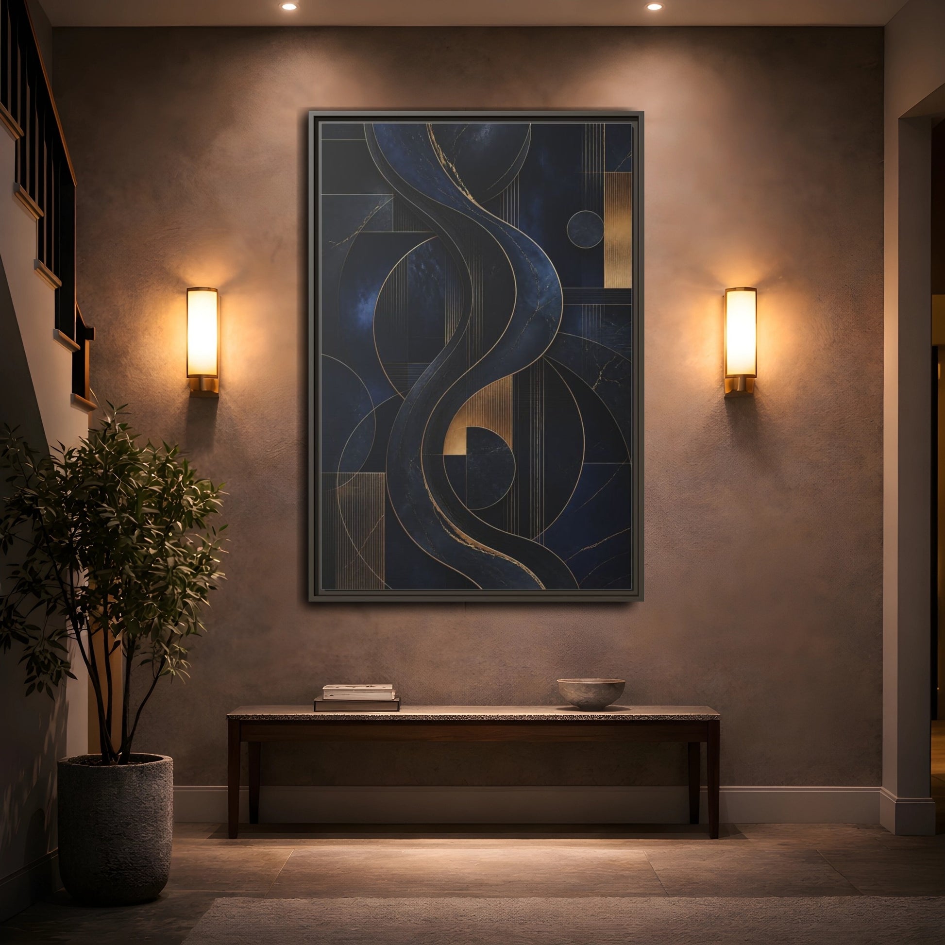 Mockup 2. Abstract Abstract Waves Navy Gold Abstract shown as stretched canvas wall art