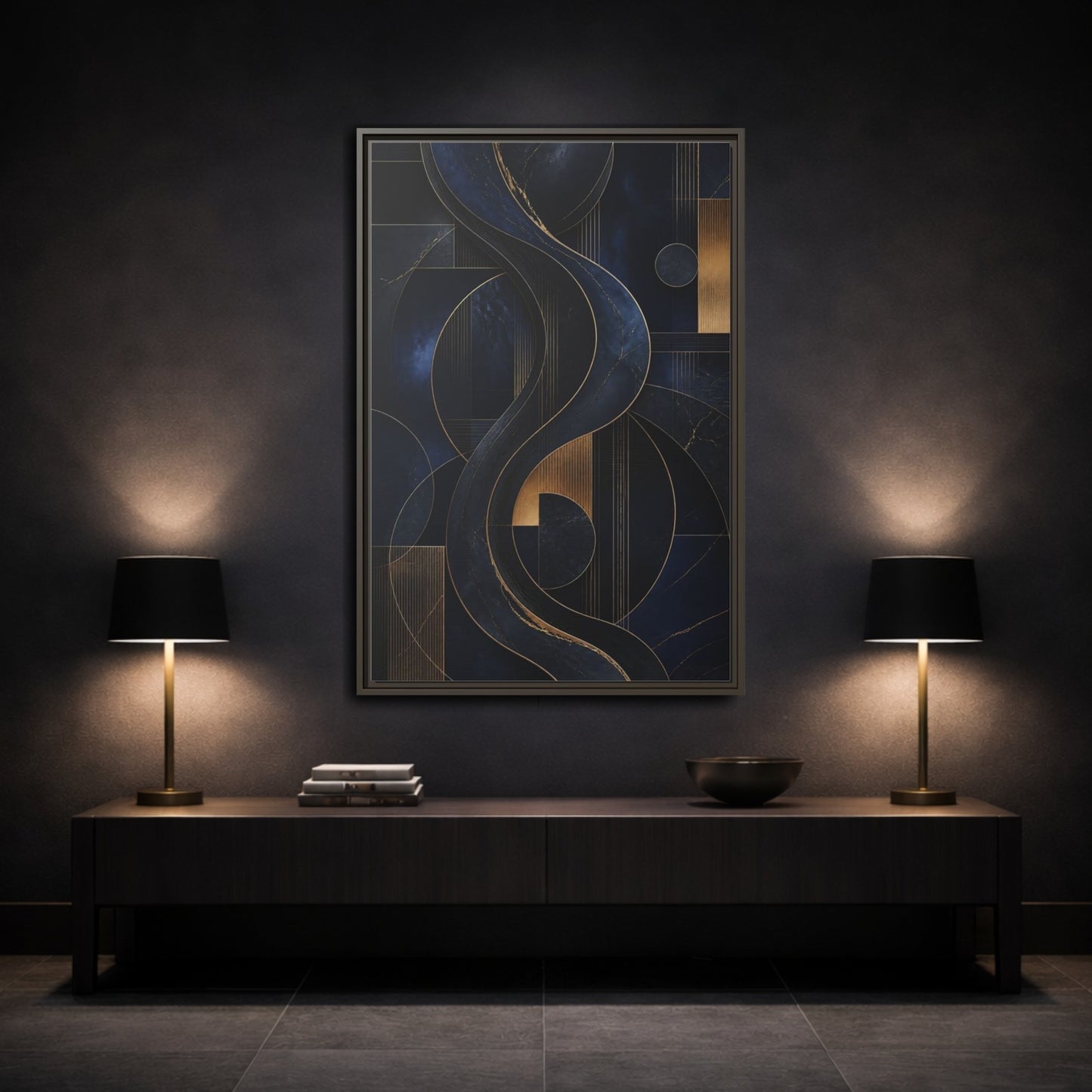 Mockup 3. Abstract Abstract Waves Navy Gold Abstract shown as stretched canvas wall art