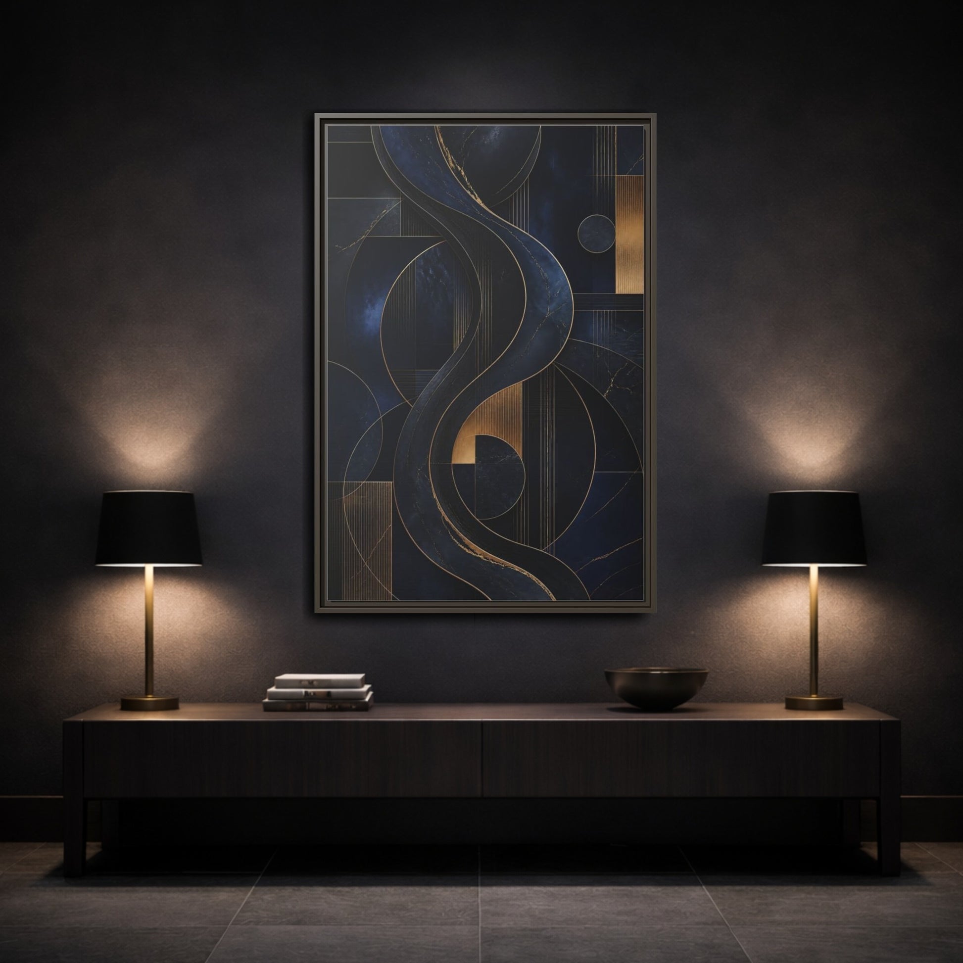 Mockup 3. Abstract Abstract Waves Navy Gold Abstract shown as stretched canvas wall art