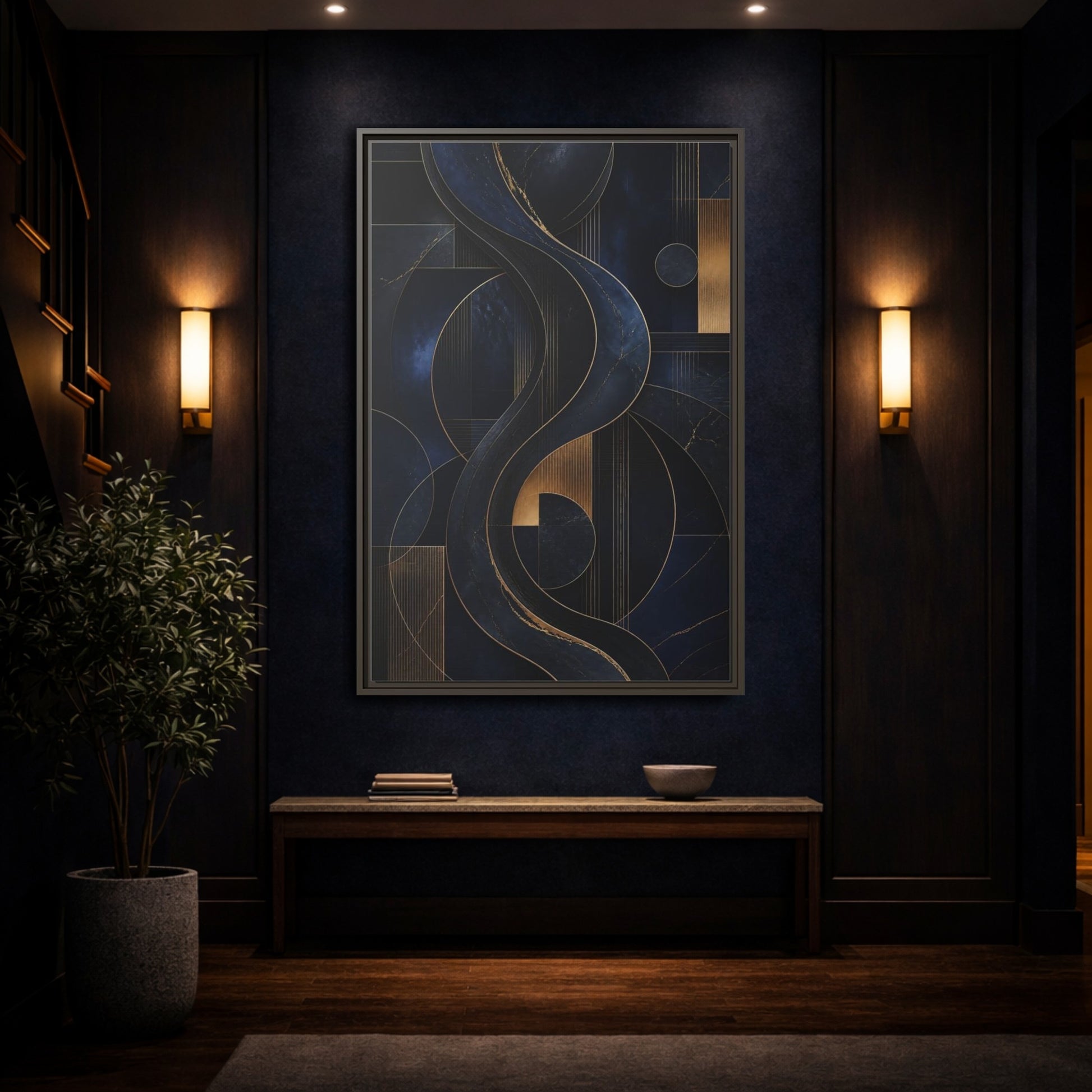 Mockup 4. Abstract Abstract Waves Navy Gold Abstract shown as stretched canvas wall art