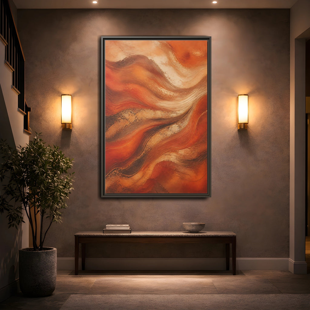 Mockup 2. Abstract Abstract Waves Orange And Gold shown as stretched canvas wall art