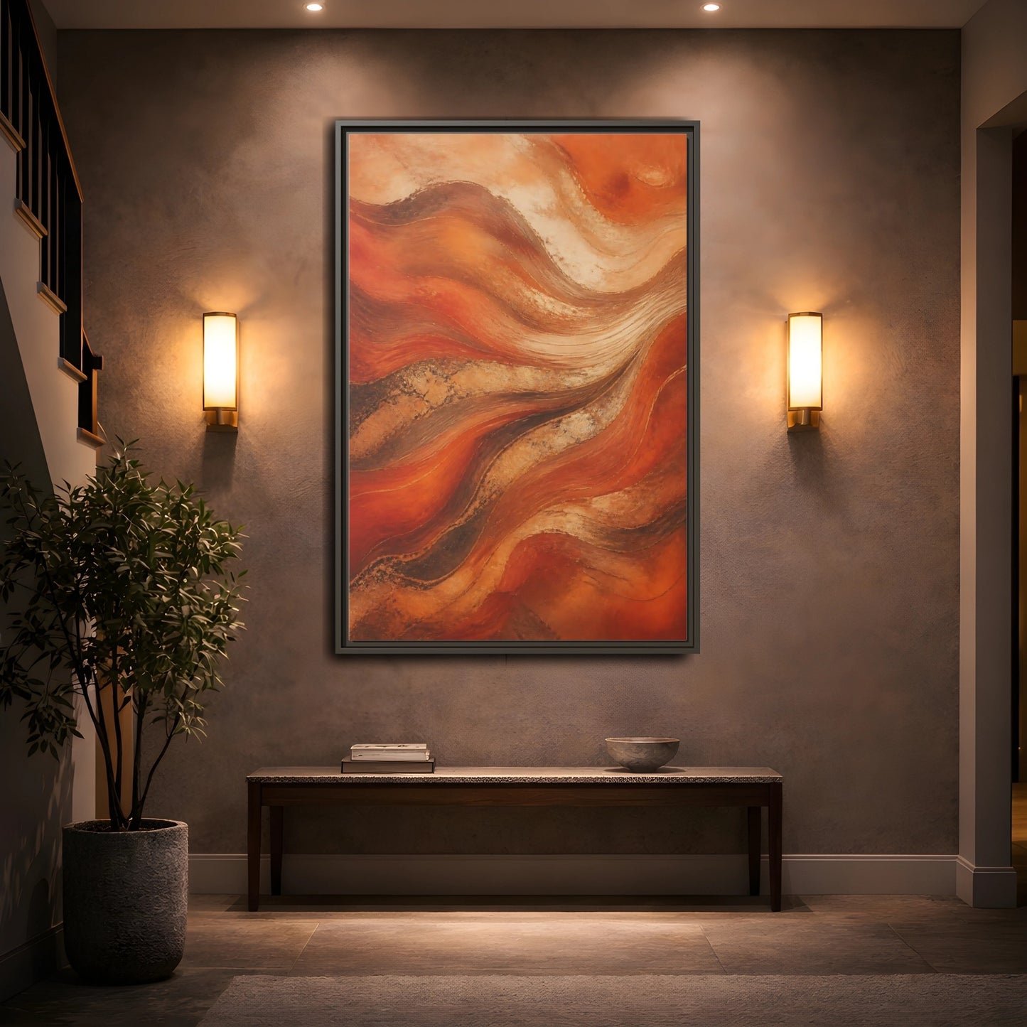 Mockup 2. Abstract Abstract Waves Orange And Gold shown as stretched canvas wall art
