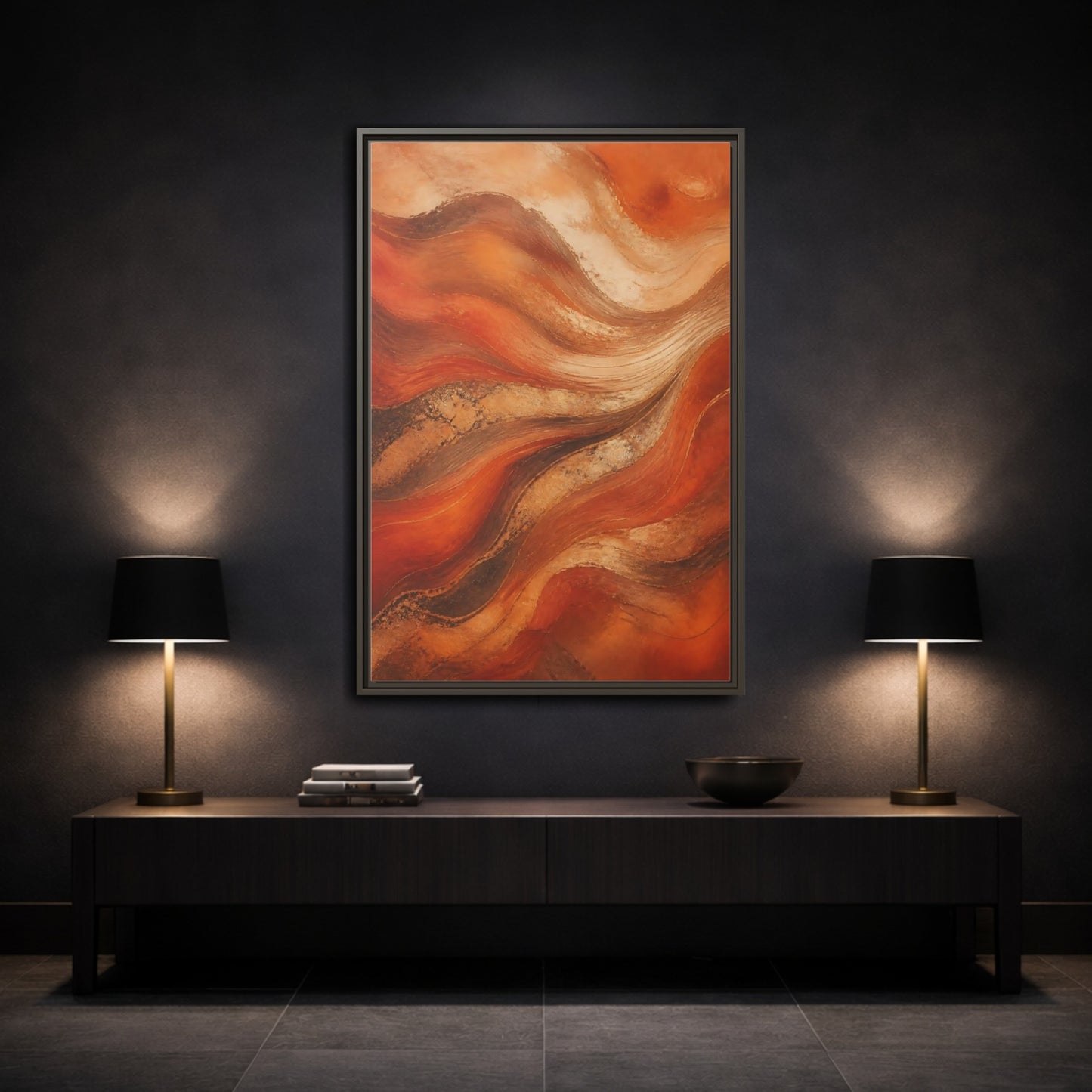 Mockup 3. Abstract Abstract Waves Orange And Gold shown as stretched canvas wall art