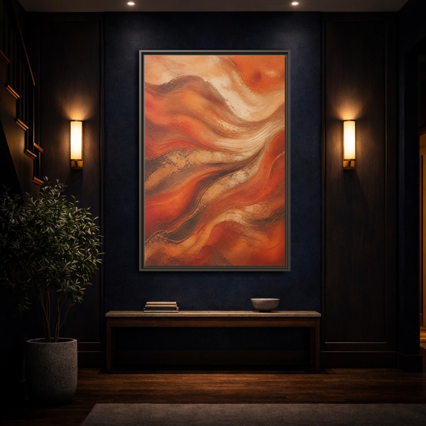 Mockup 4. Abstract Abstract Waves Orange And Gold shown as stretched canvas wall art
