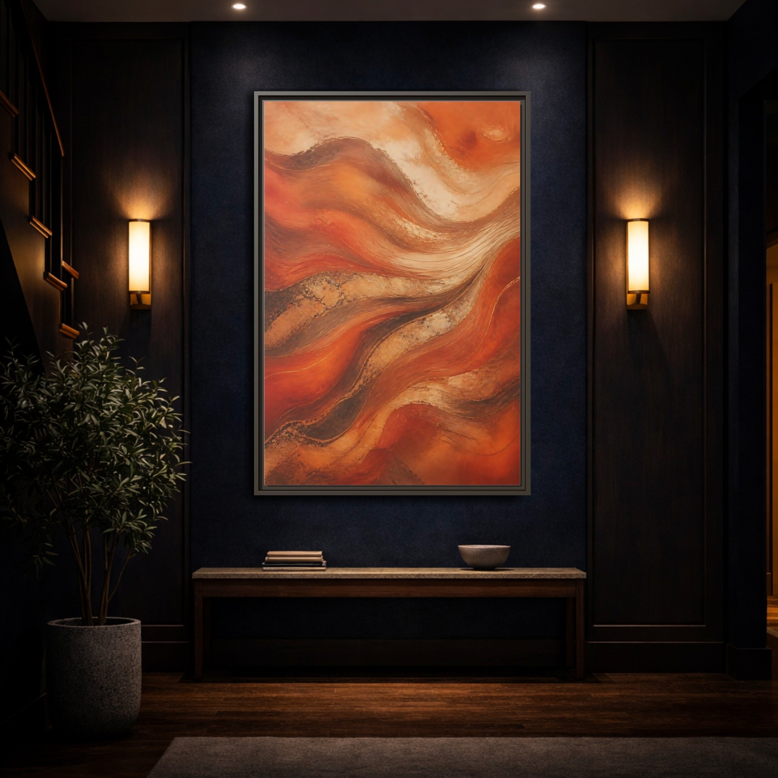 Mockup 4. Abstract Abstract Waves Orange And Gold shown as stretched canvas wall art