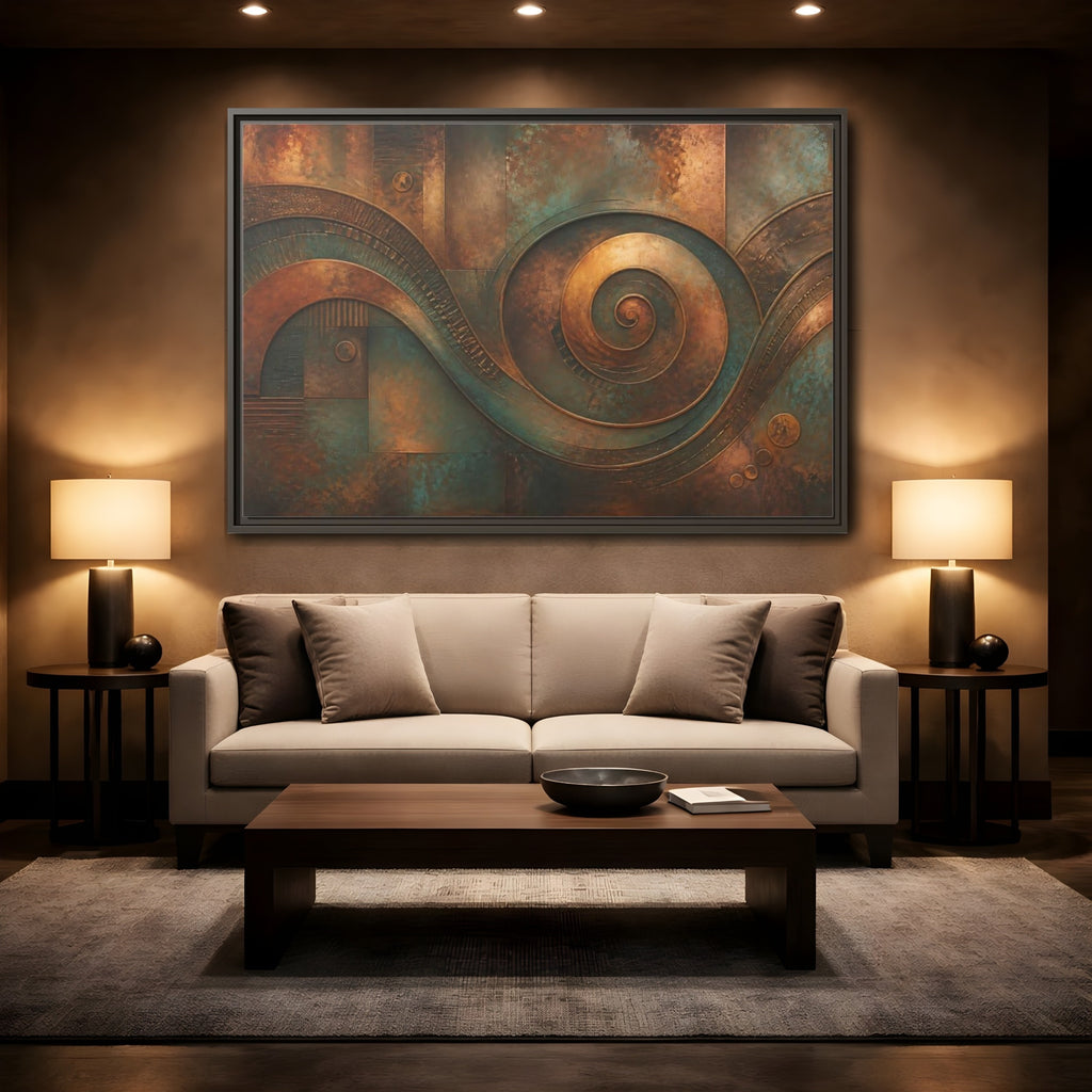 Mockup 2. Abstract Abstract Waves Rustic Abstract shown as stretched canvas wall art