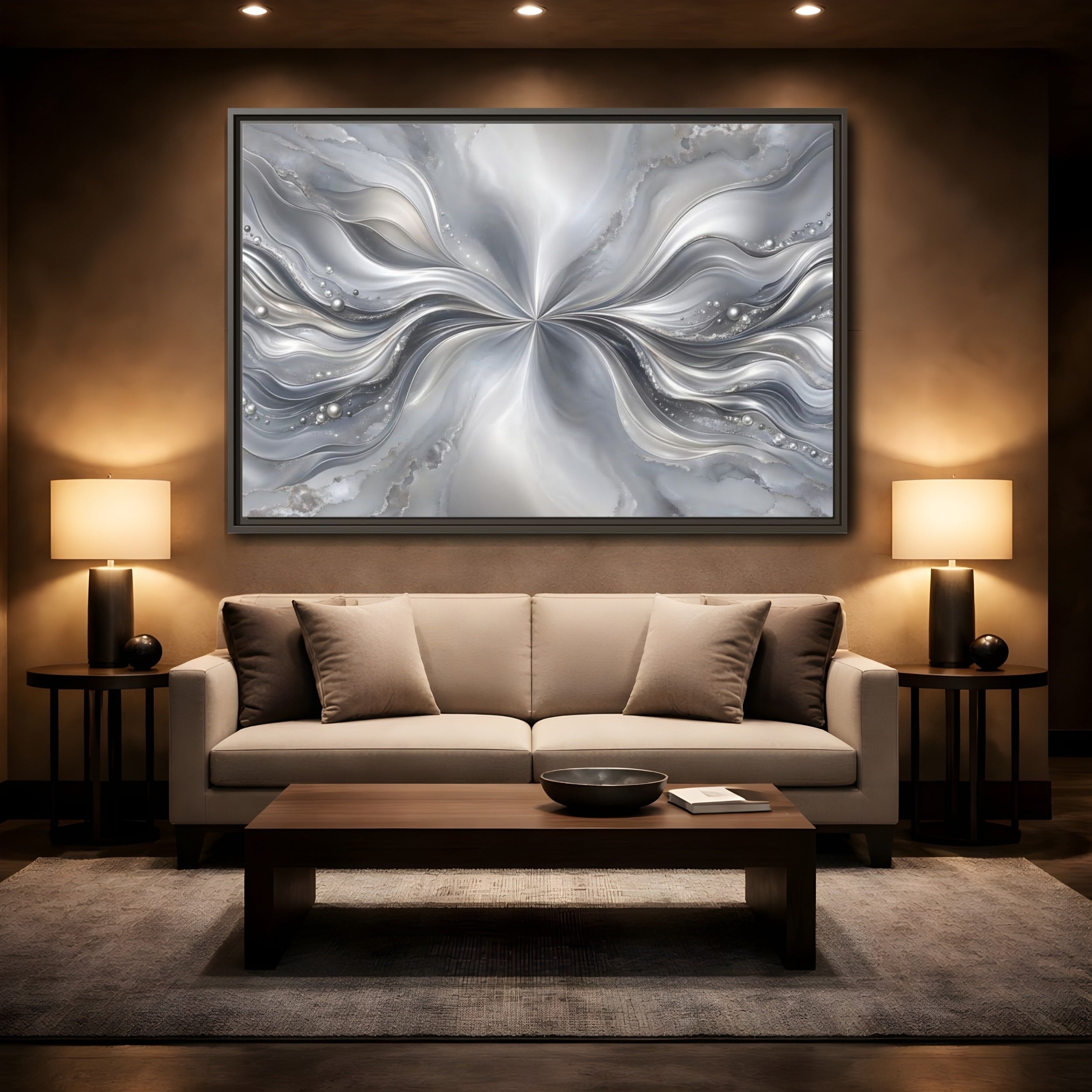 Mockup 2. Abstract Abstract Waves Silver Abstract shown as stretched canvas wall art