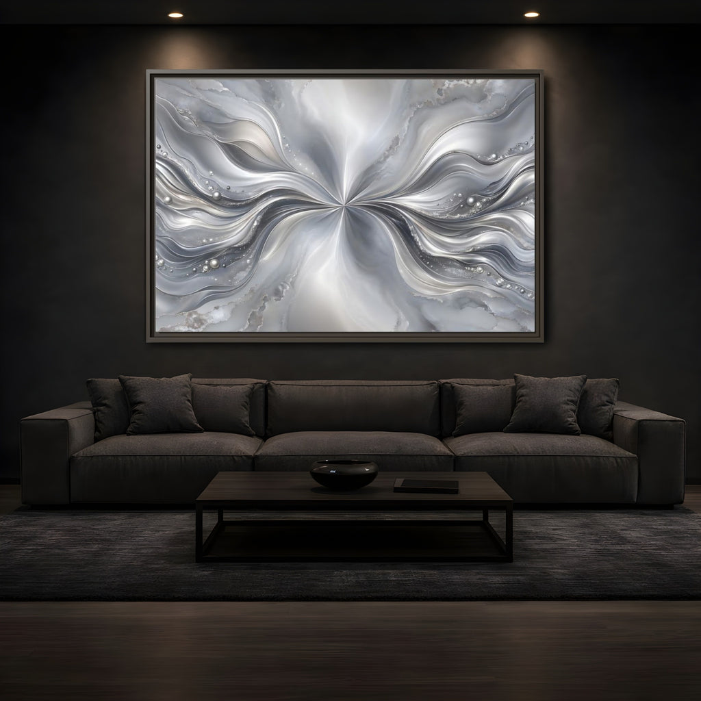 Mockup 3. Abstract Abstract Waves Silver Abstract shown as stretched canvas wall art