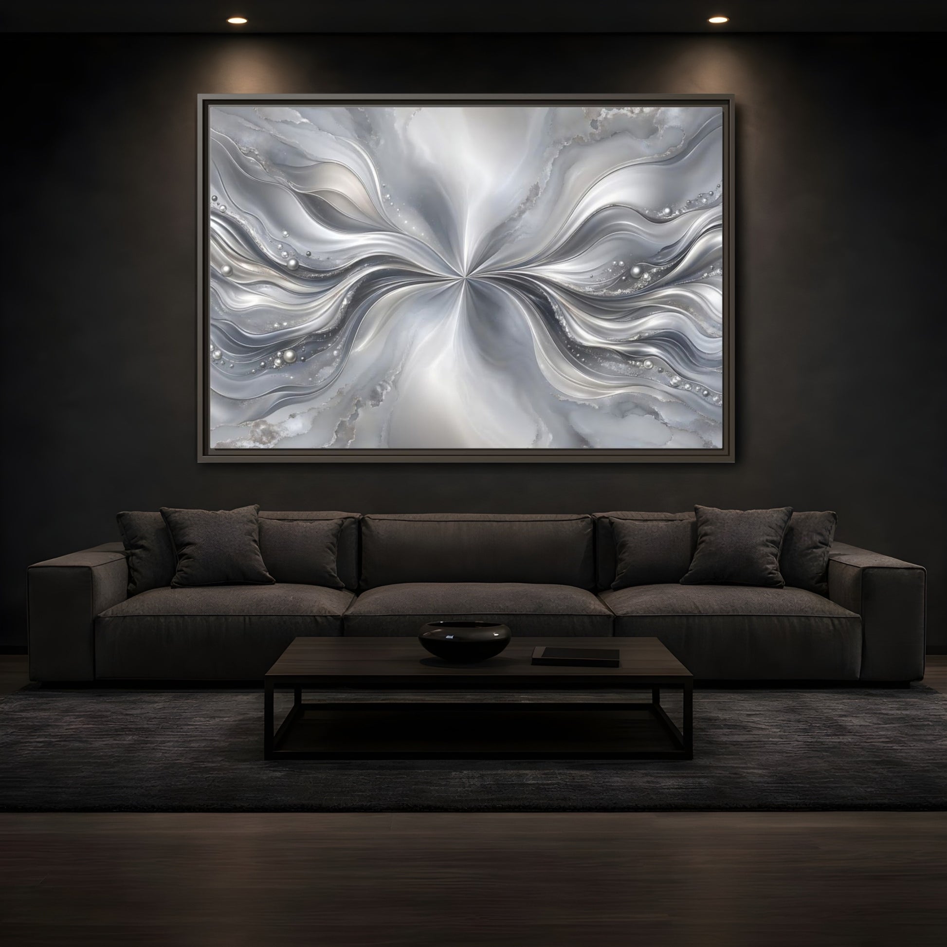Mockup 3. Abstract Abstract Waves Silver Abstract shown as stretched canvas wall art