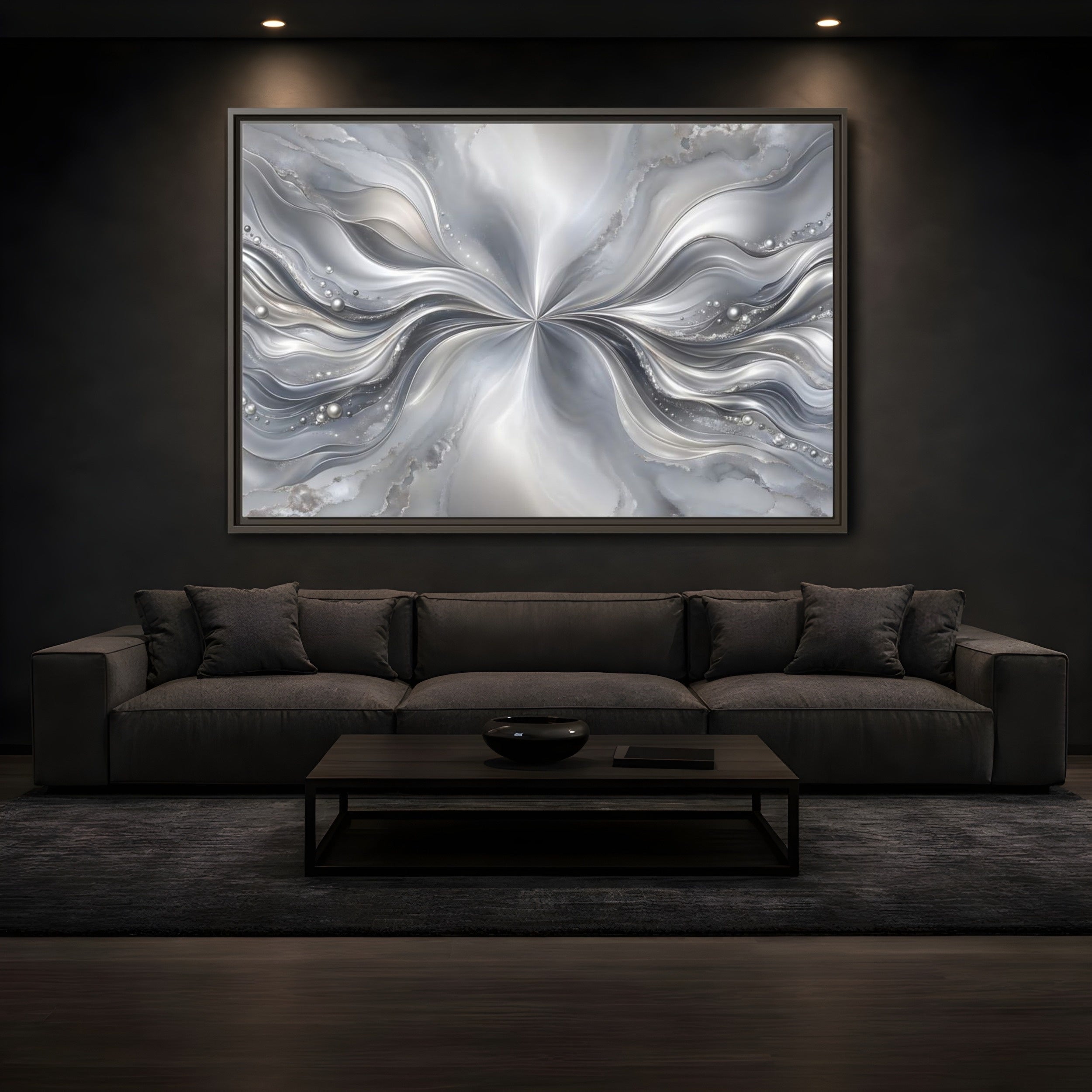 Mockup 3. Abstract Abstract Waves Silver Abstract shown as stretched canvas wall art