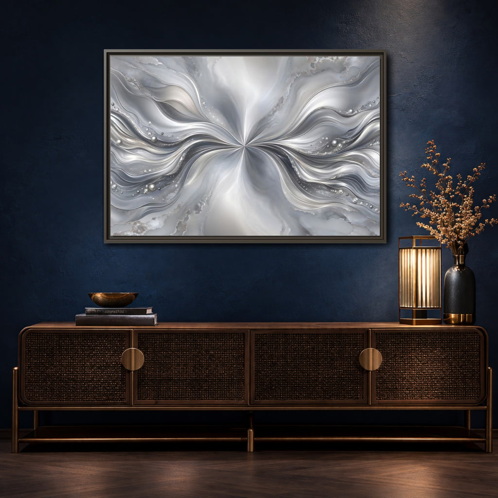 Mockup 4. Abstract Abstract Waves Silver Abstract shown as stretched canvas wall art