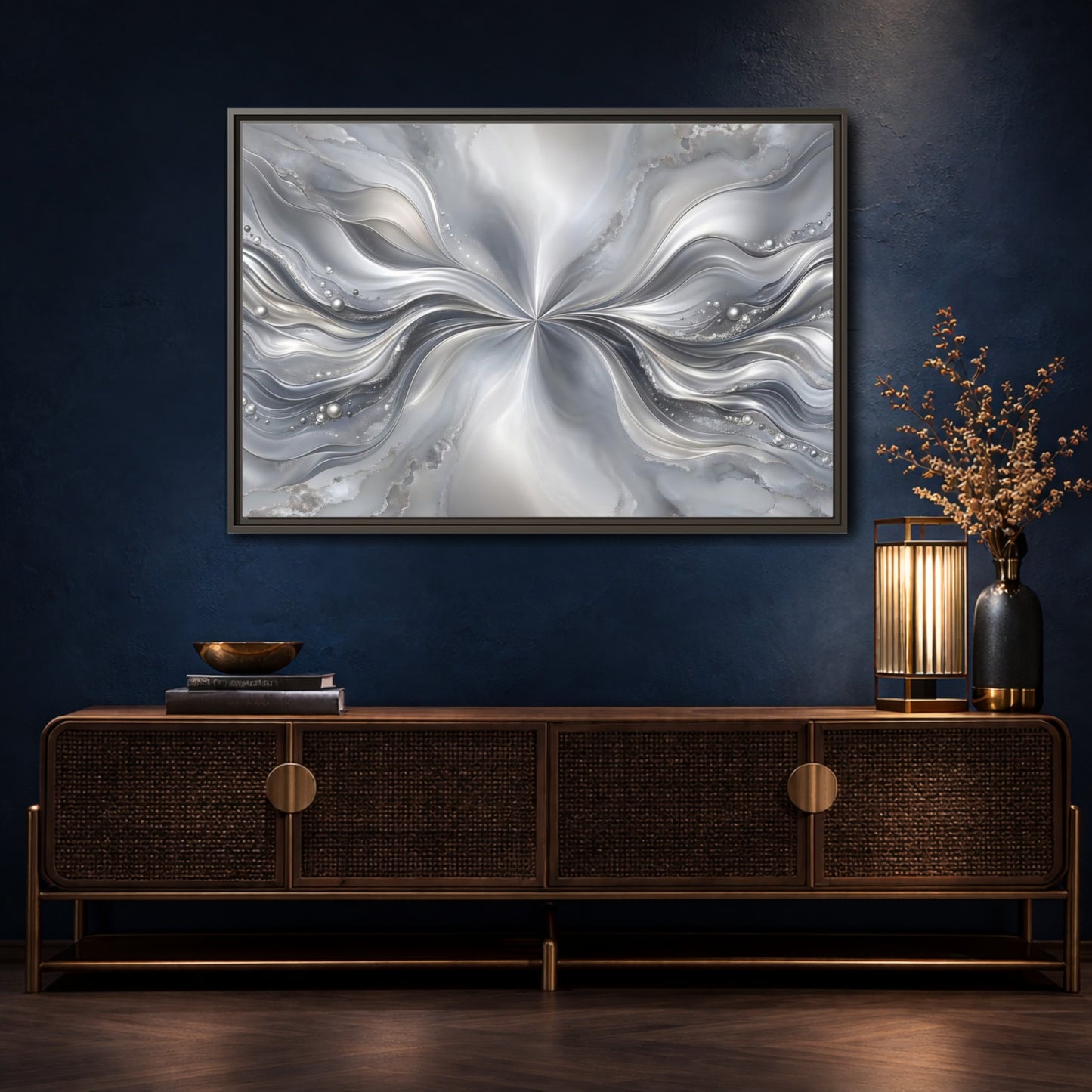 Mockup 4. Abstract Abstract Waves Silver Abstract shown as stretched canvas wall art