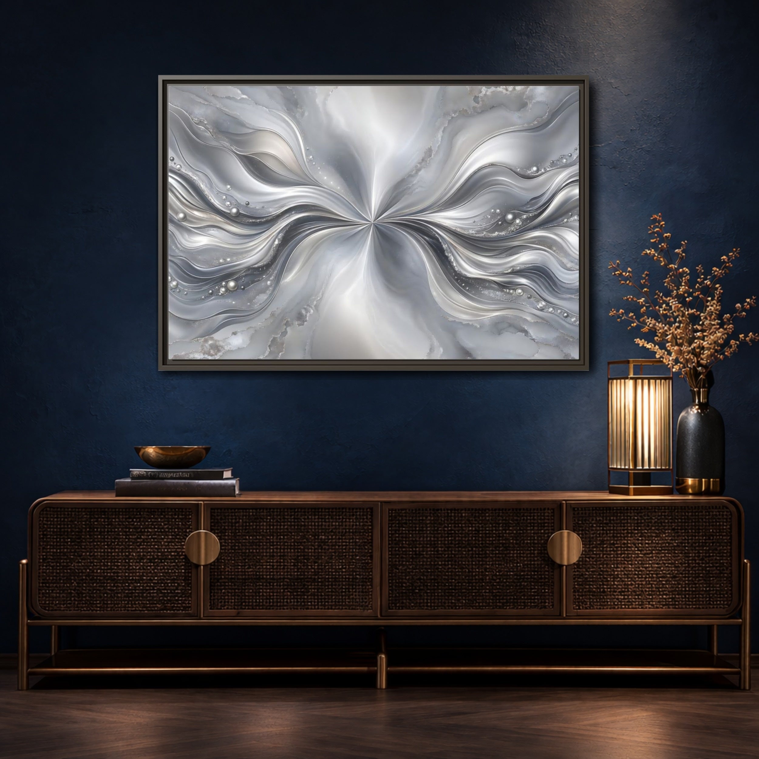 Mockup 4. Abstract Abstract Waves Silver Abstract shown as stretched canvas wall art