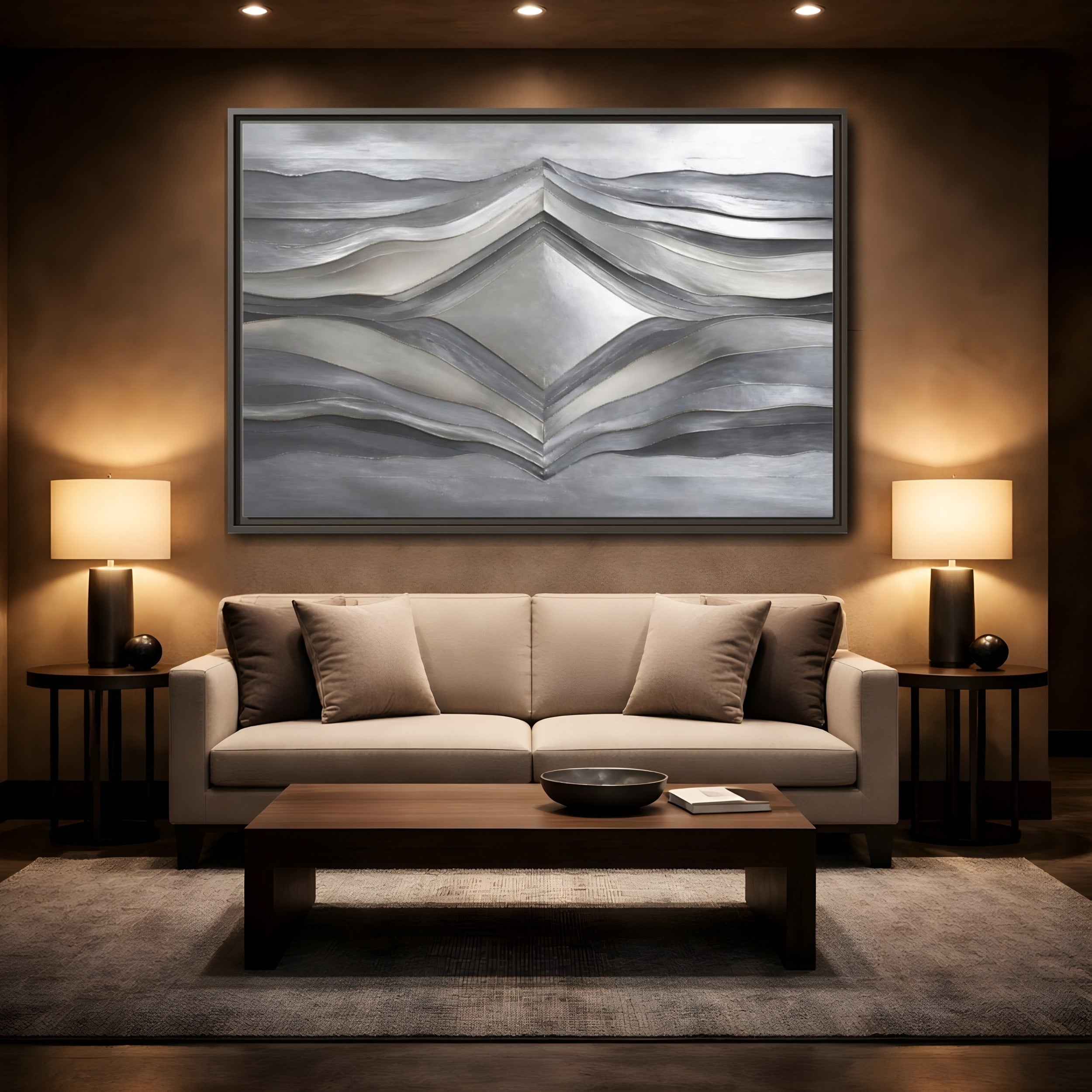 Mockup 2. Abstract Abstract Waves Silver Metallic Waves shown as stretched canvas wall art