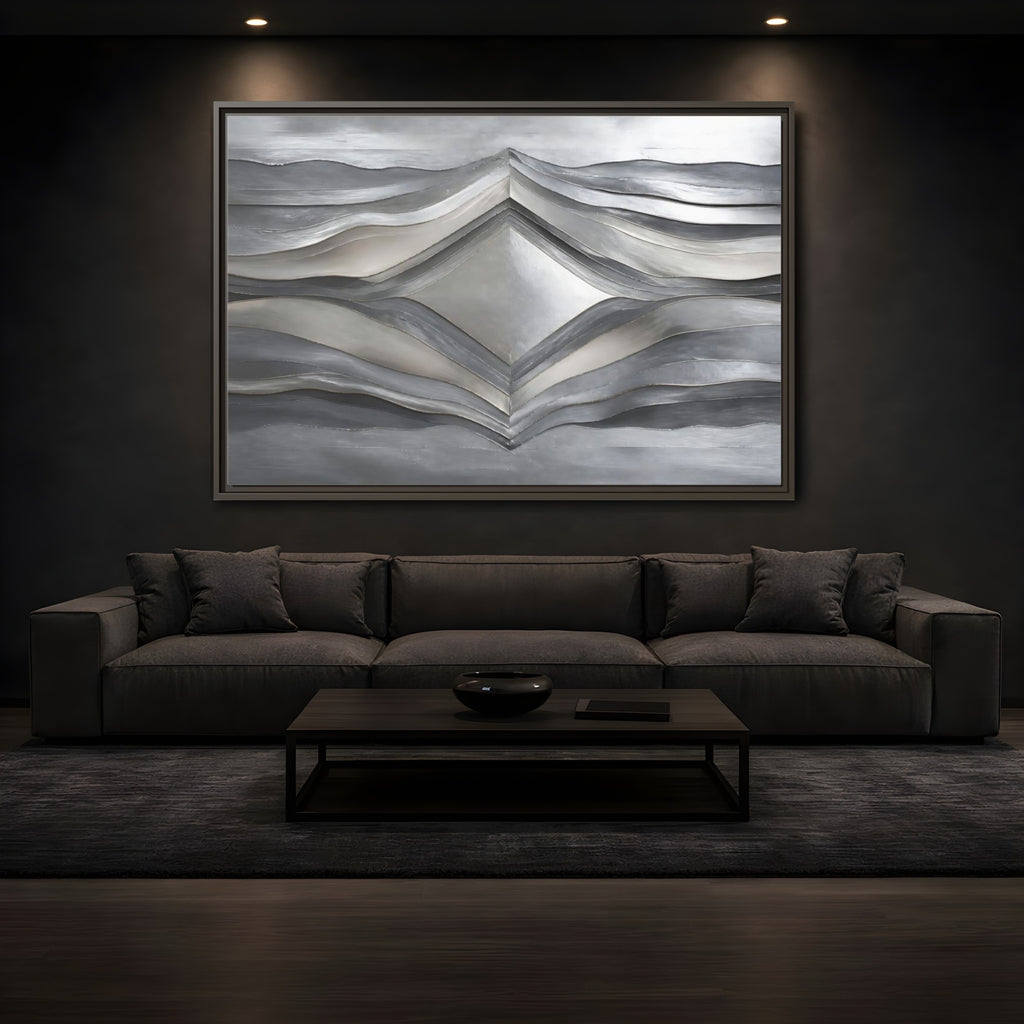 Mockup 3. Abstract Abstract Waves Silver Metallic Waves shown as stretched canvas wall art