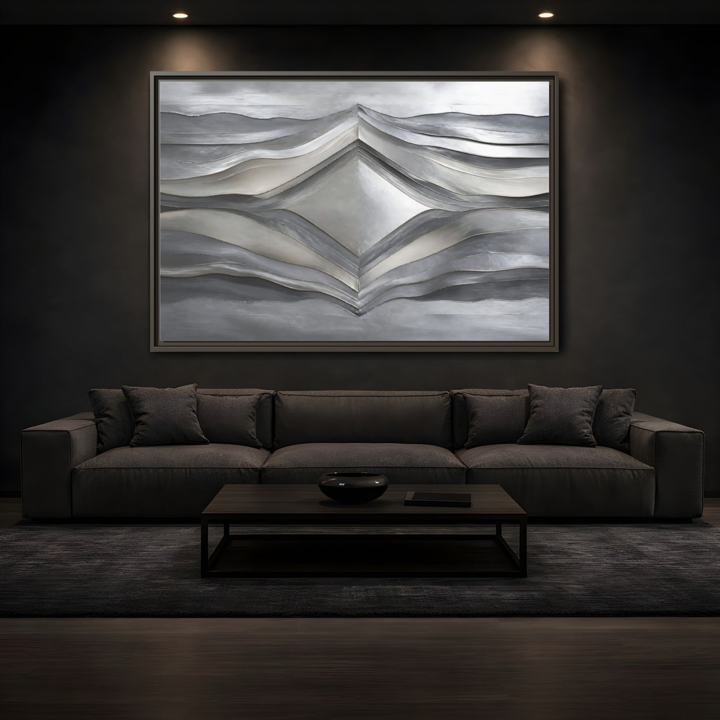 Mockup 3. Abstract Abstract Waves Silver Metallic Waves shown as stretched canvas wall art