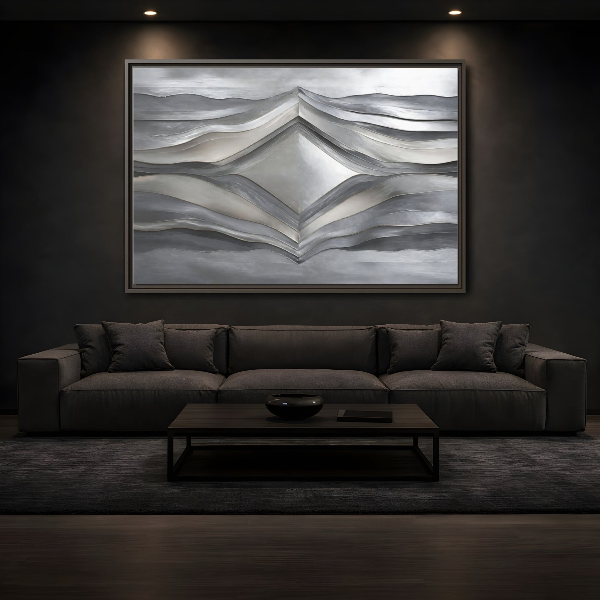 Mockup 3. Abstract Abstract Waves Silver Metallic Waves shown as stretched canvas wall art