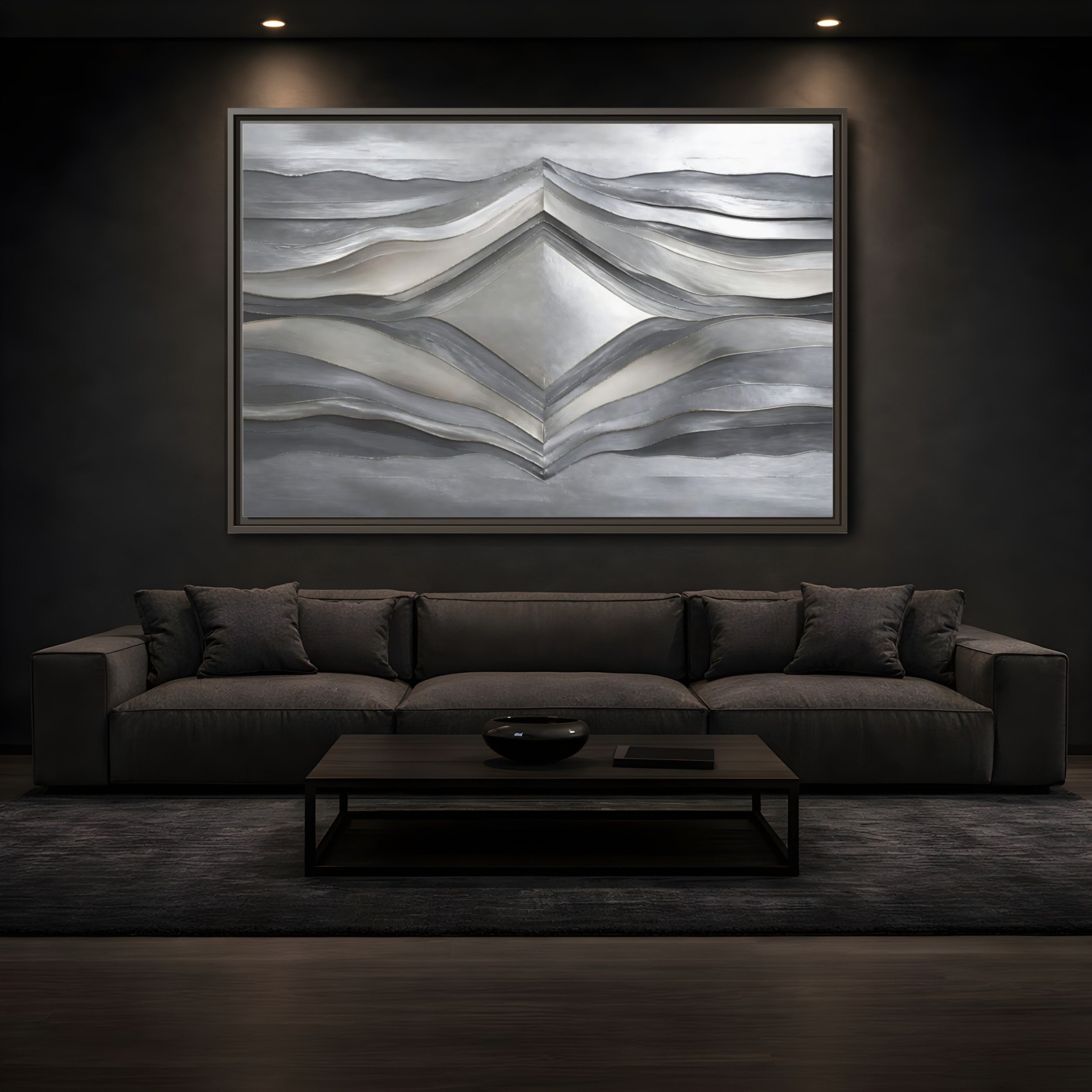Mockup 3. Abstract Abstract Waves Silver Metallic Waves shown as stretched canvas wall art