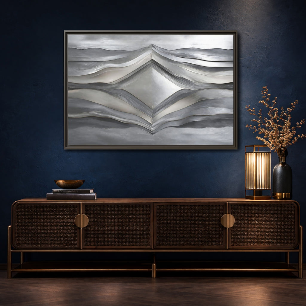 Mockup 4. Abstract Abstract Waves Silver Metallic Waves shown as stretched canvas wall art
