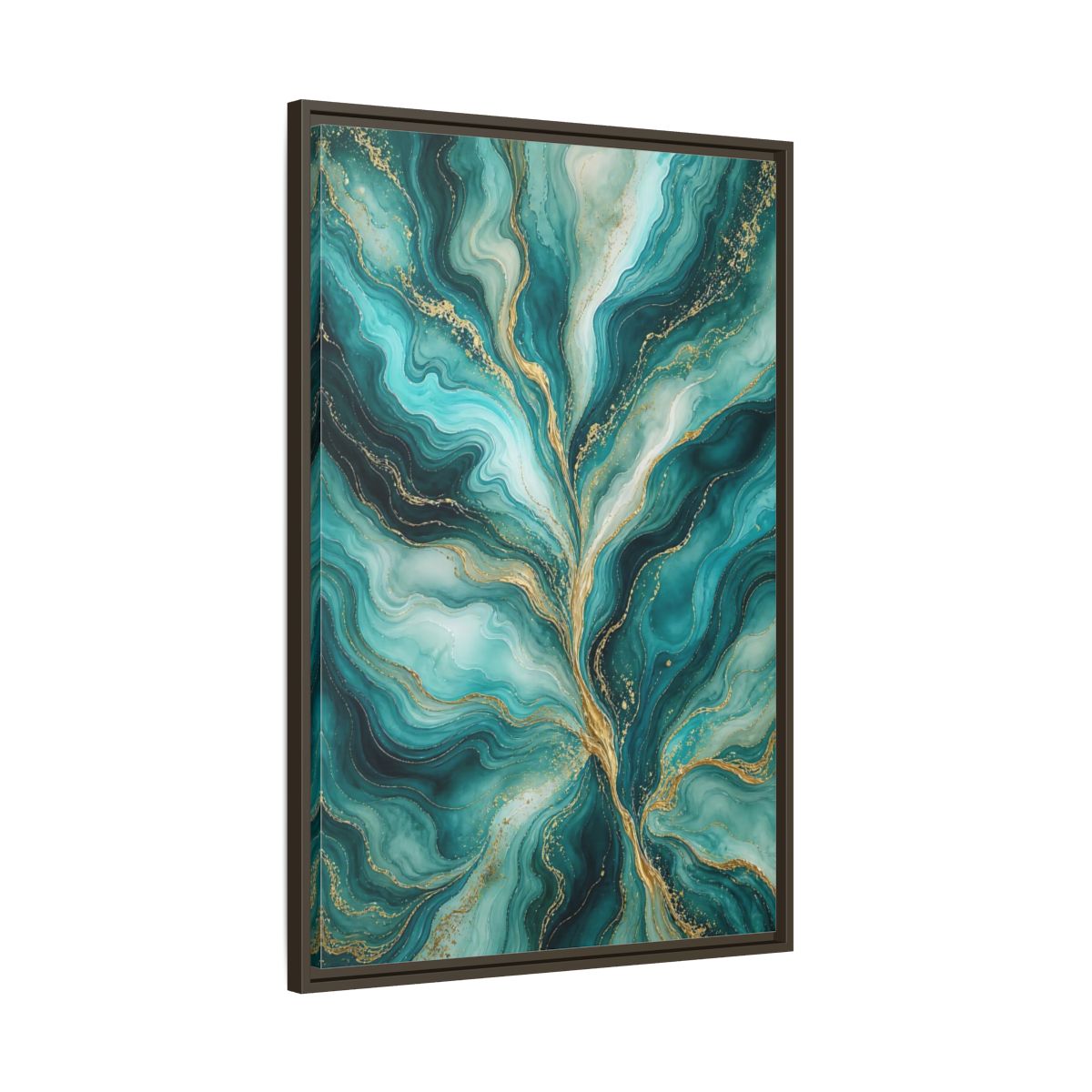 Main Mockup. Abstract Abstract Waves Teal Gold Abstract shown as stretched canvas wall art