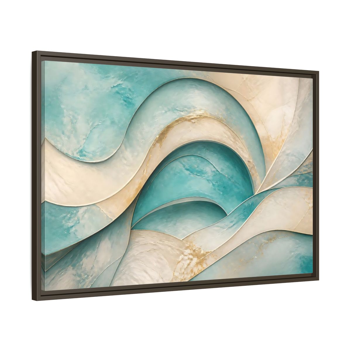 Main Mockup. Abstract Abstract Waves Teal Gold Abstract shown as stretched canvas wall art