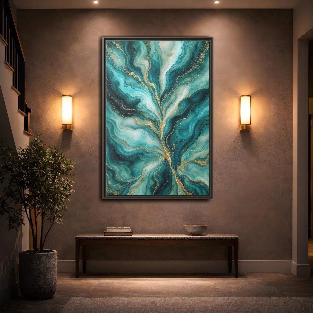 Mockup 2. Abstract Abstract Waves Teal Gold Abstract shown as stretched canvas wall art