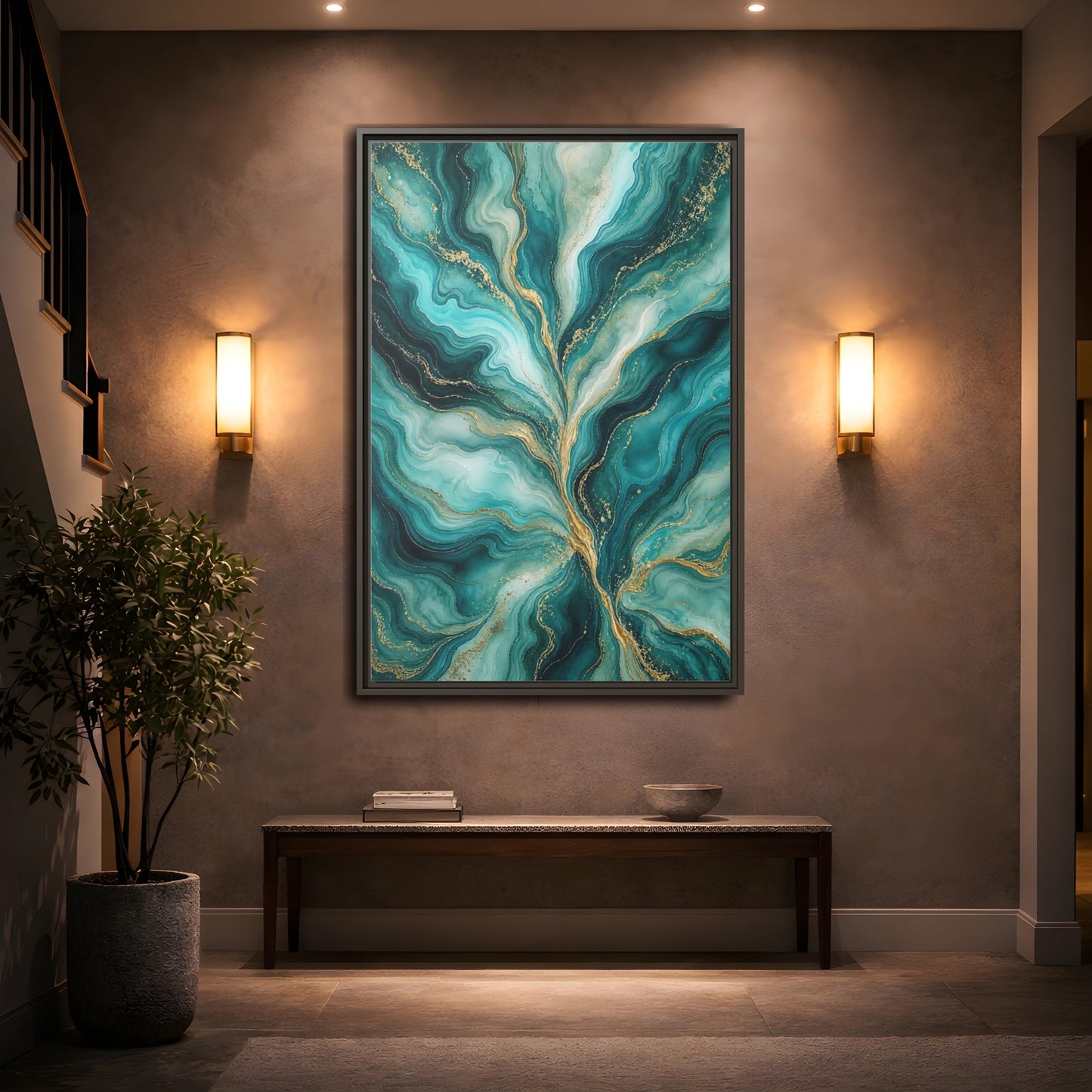 Mockup 2. Abstract Abstract Waves Teal Gold Abstract shown as stretched canvas wall art